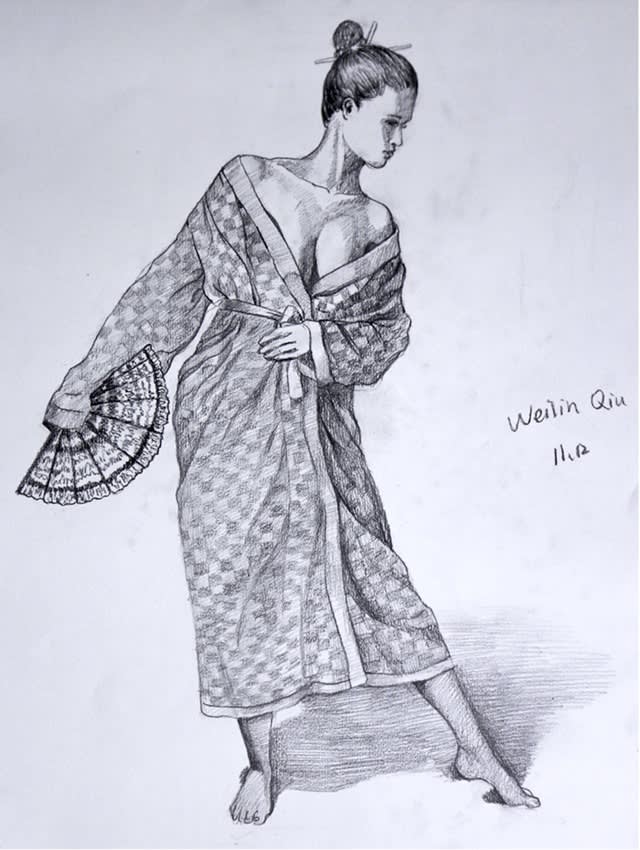 Figure study of a feminine form in a loosely closed kimono while holding a fan and looking away from the viewer.