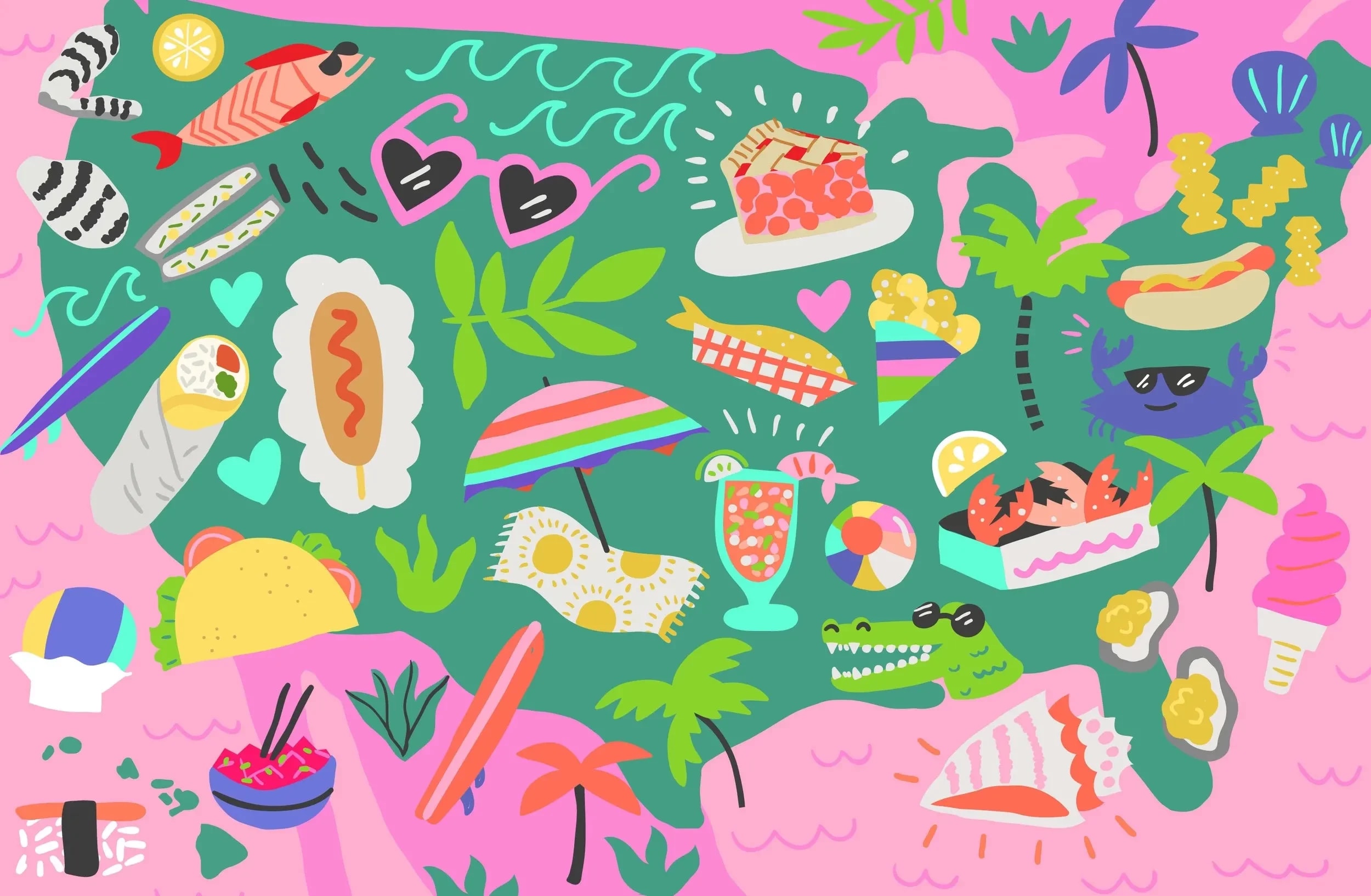 An illustration of the map of the United States with various summer-time foods on top. The sea is pink and the land mass is green. Foods include tacos, fish, corndogs, hot dogs, ice cream, and more.