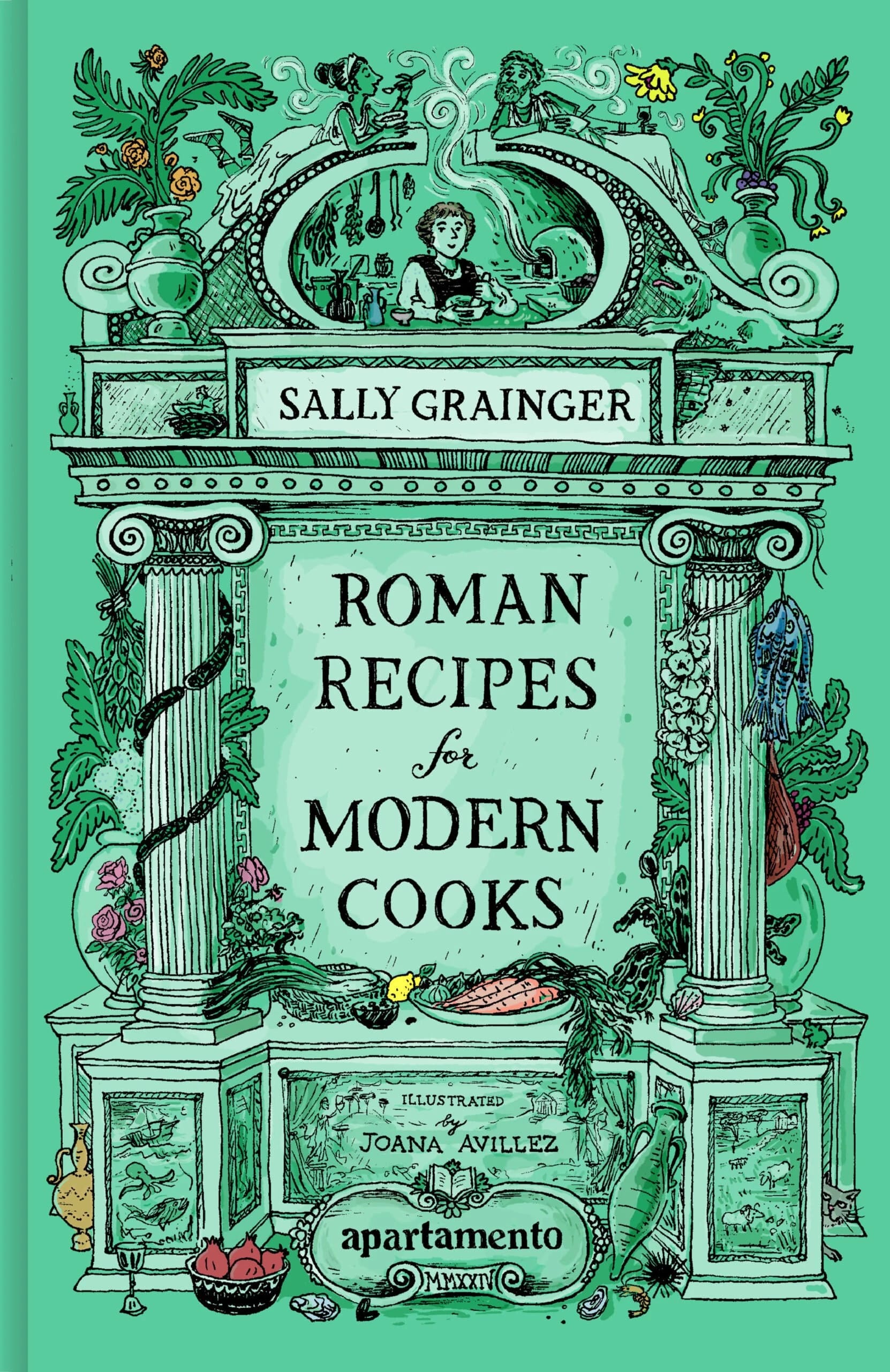 a green book with an illustration on the cover that shows a monument with the title "roman recipes for modern cooks" inscribed into it