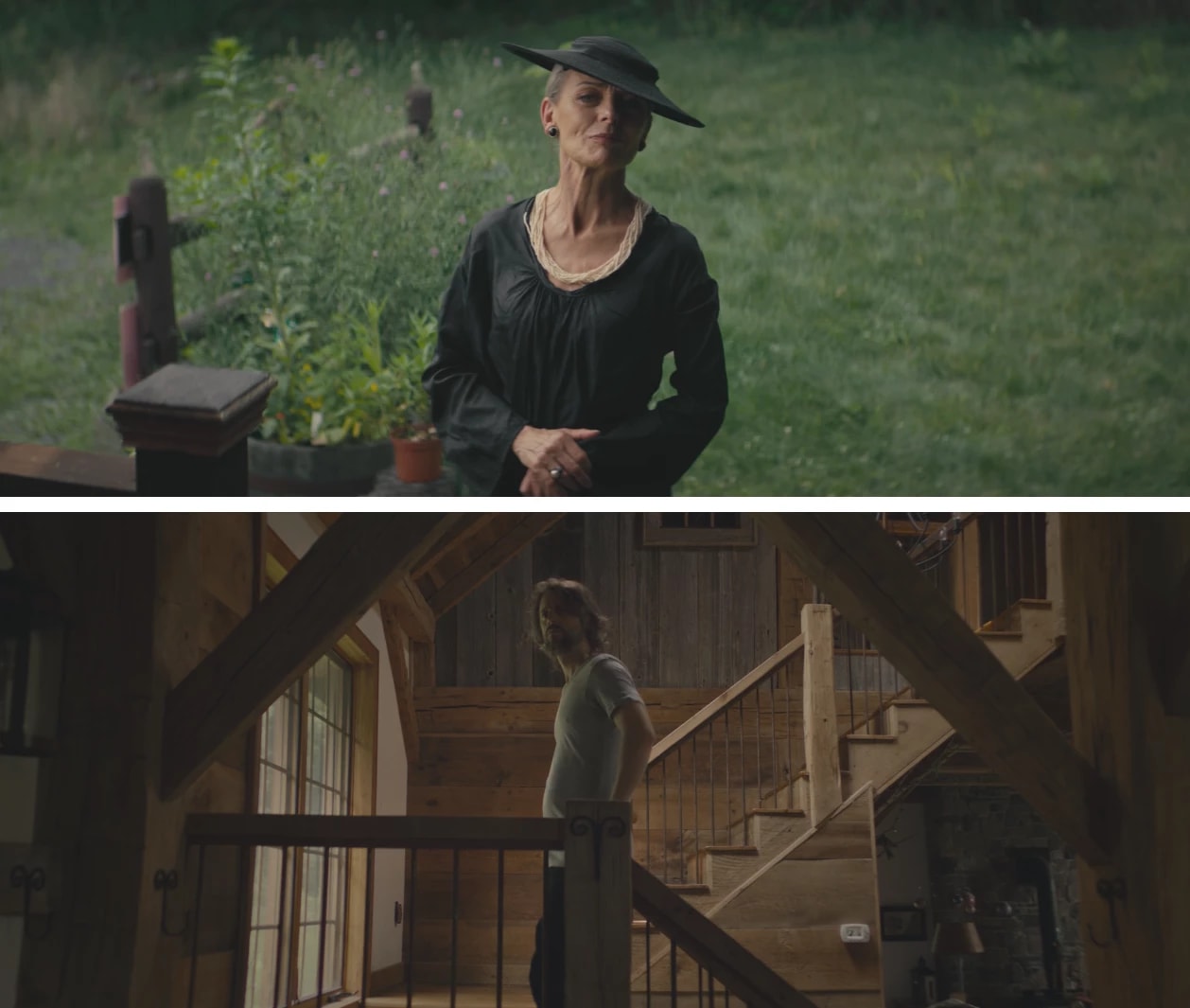 Two film stills, one of a mna in a staircase in a home and the other of a woman in a yard wearing all black