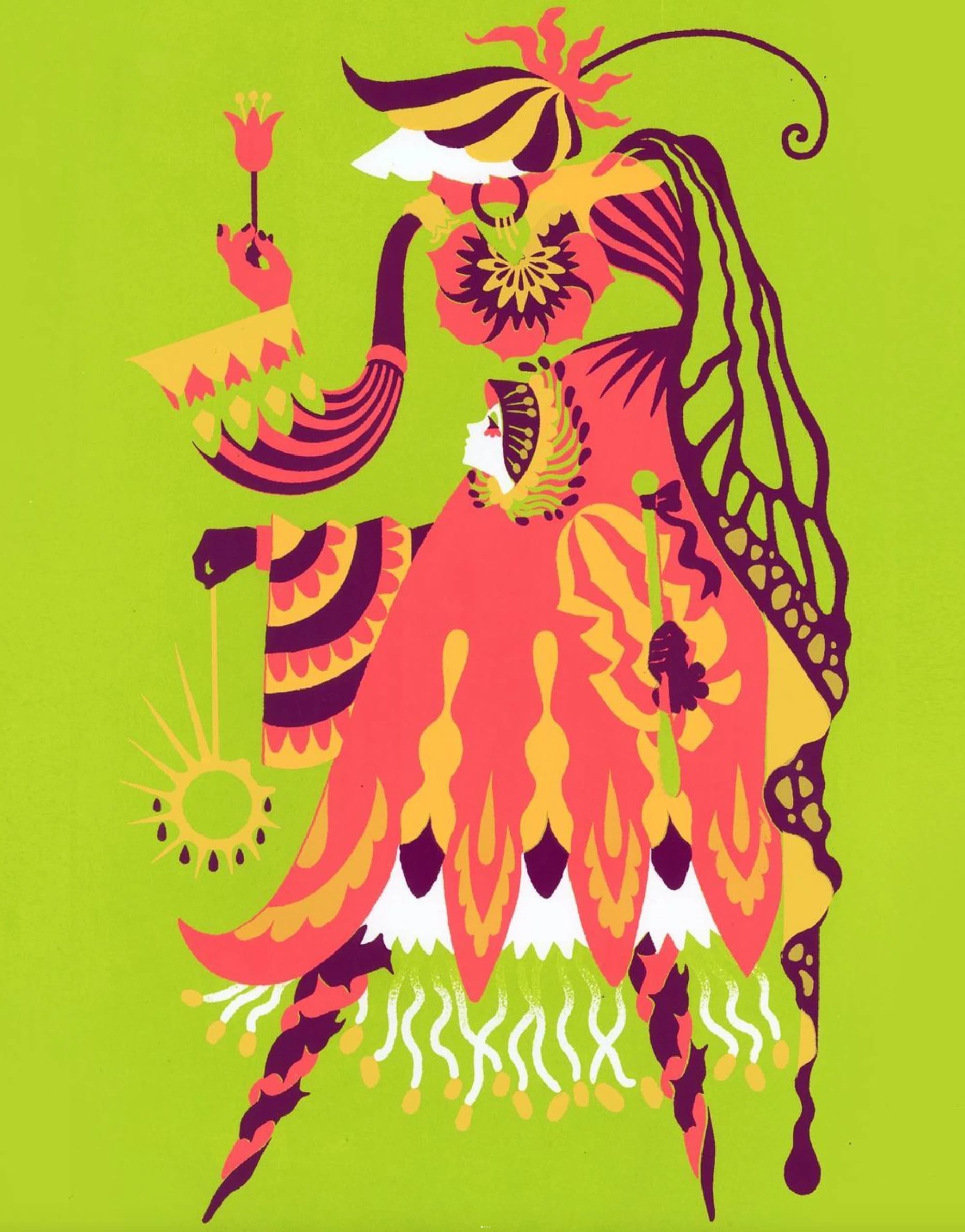 A pink, orange and green silkscreen of a feminine figure in a dress holding a flower  