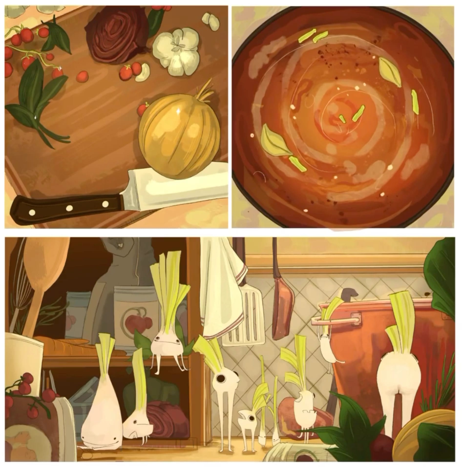 A grid of illustrations depicting veggies cooking other veggies