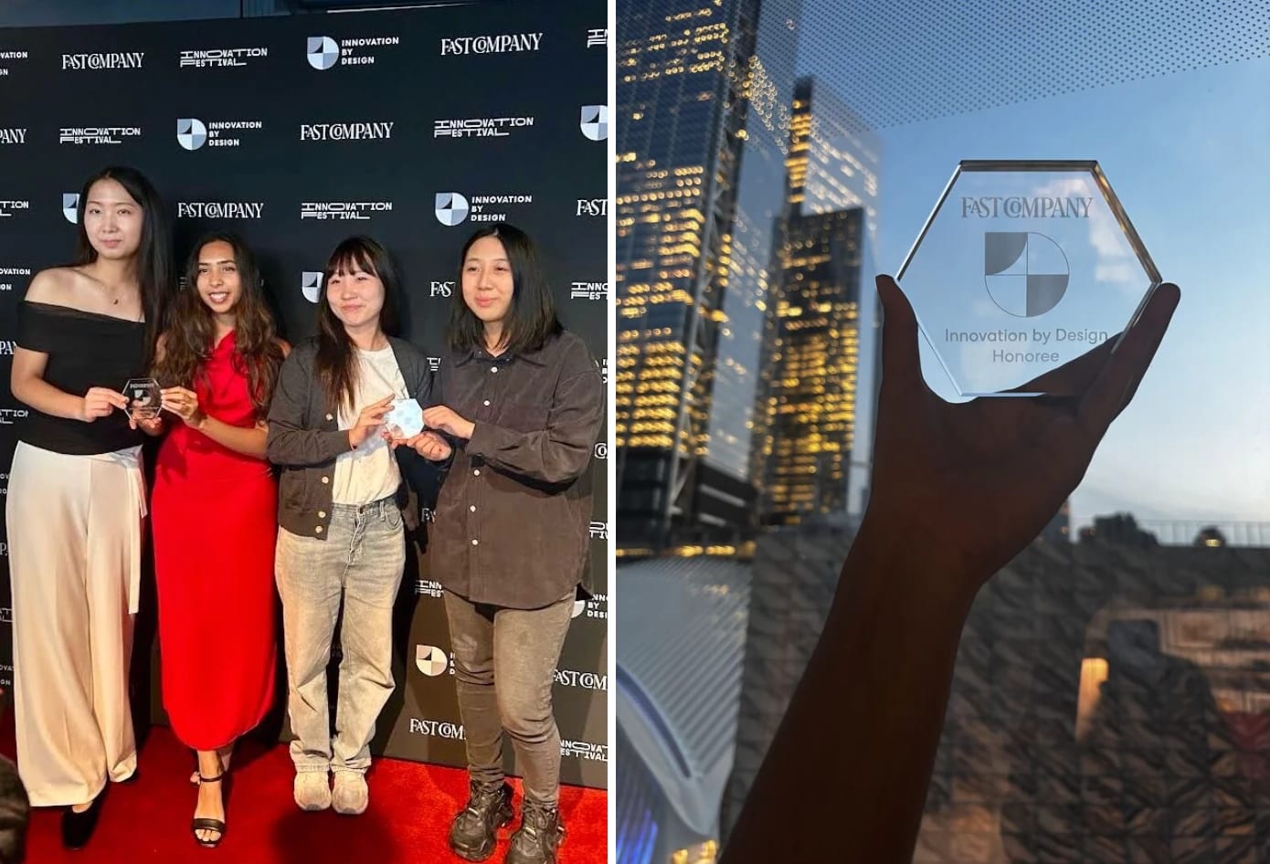 Two images: the left is a photo of students at an awards ceremony and the right is a photo of an award 