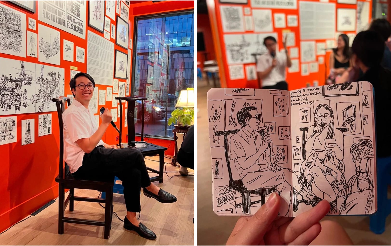 Two images, on the left is a man sitting in a chair with a microphone and on the right is a hand holding open a drawing of the man in a sketchbook