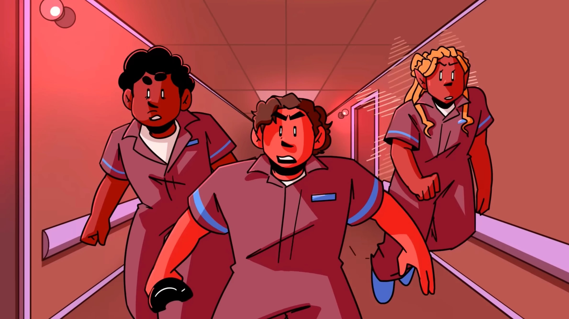 An illustration of three individuals standing in a hallway lit with red lighting, each person is wearing a jail jumpsuit and looks surprised