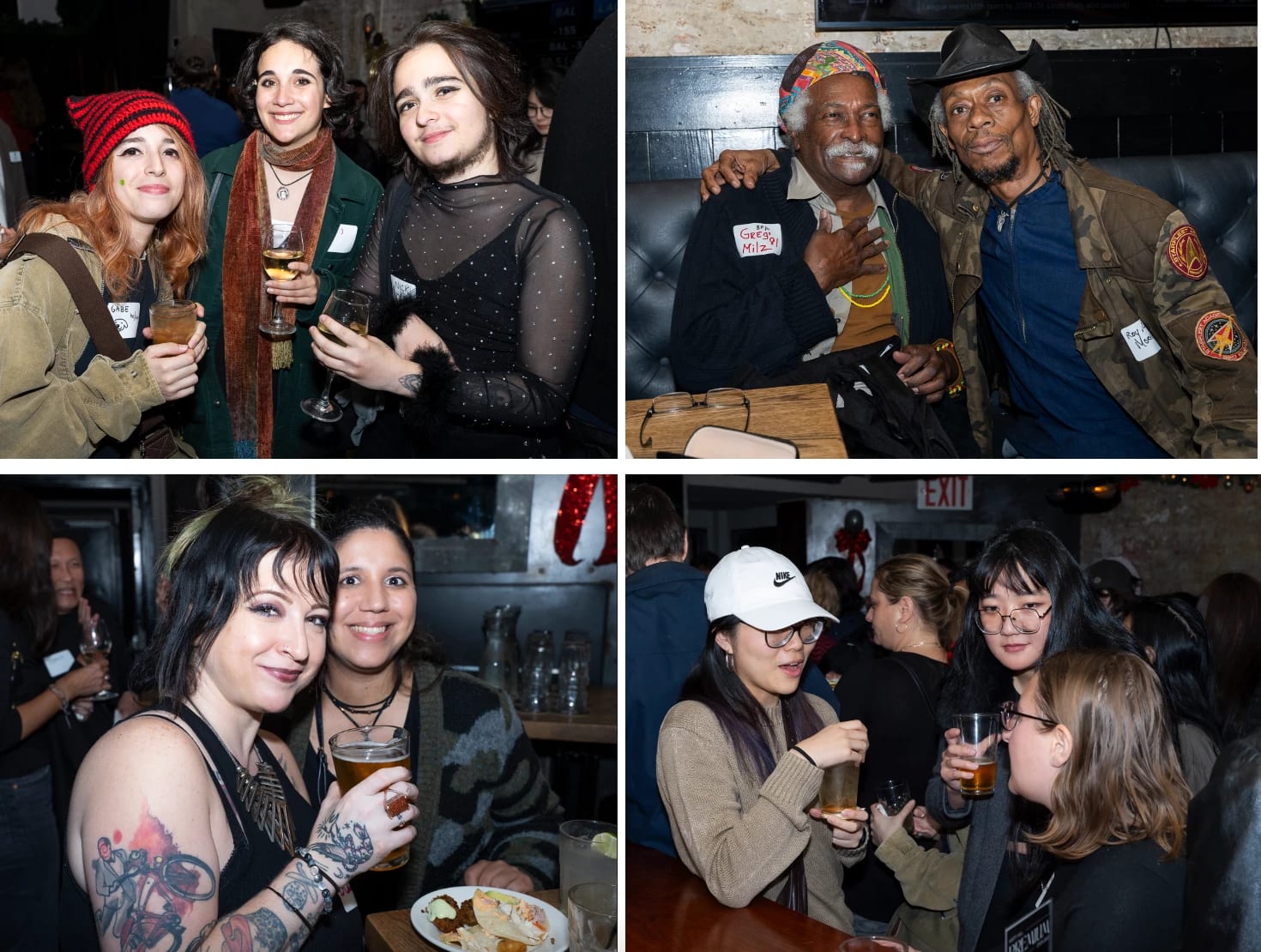 a four panel image of photos depicting SVA alumni at a bar mixer event