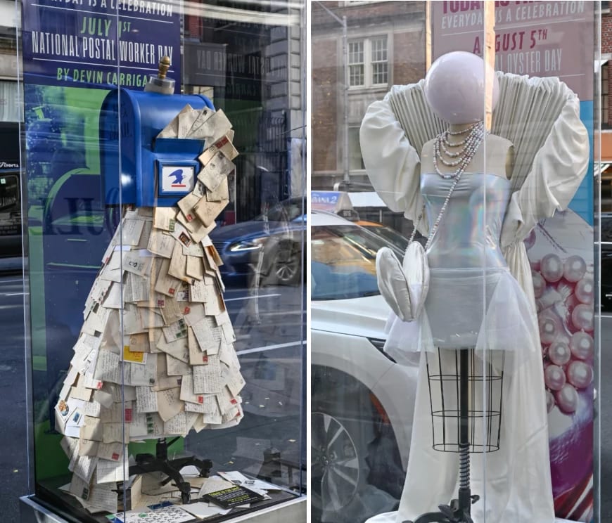 two dresses in glass cases on madison avenue, one made of letters and a blue mailbox and the other in the style of a shell