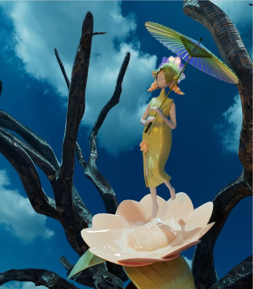 A 3D digital illustration of a woman wearing a long dress, carrying a parasol, and standing on a plasticky looking flower set against a partly cloudy blue sky.