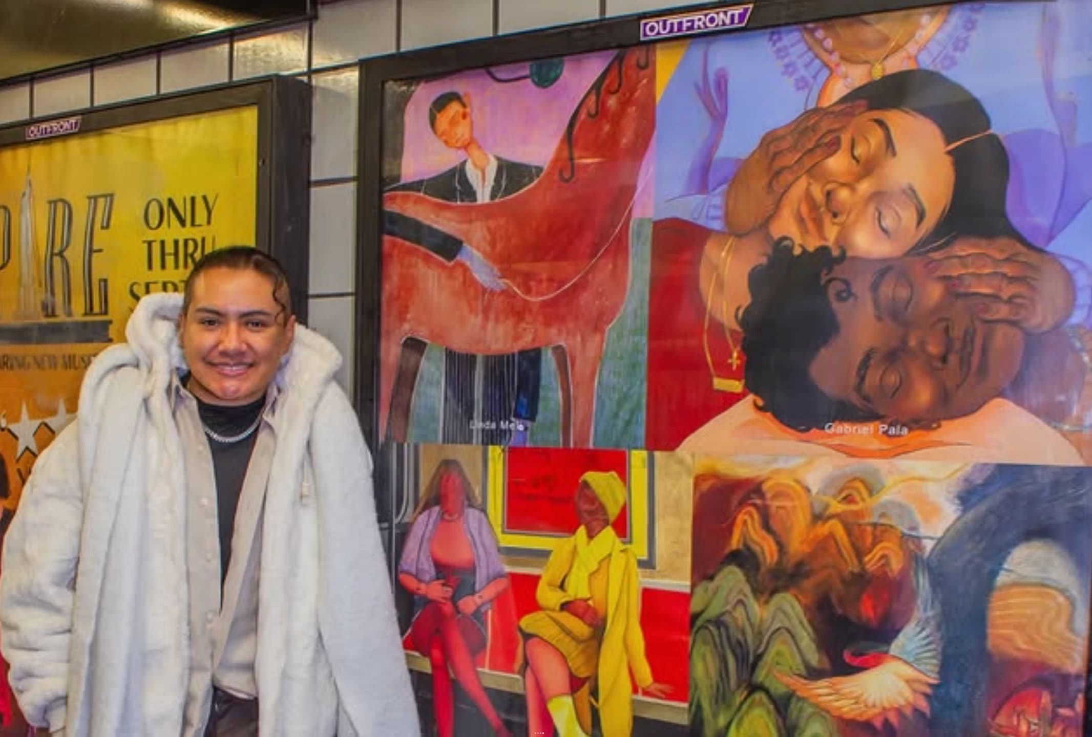 a person stands next to colorful subway posters with illustrations on them