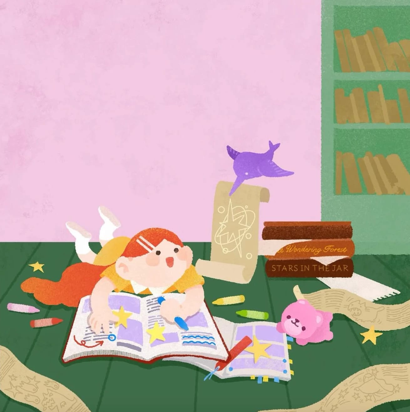 illustration of a young girl with orange hair drawing on a book as she lays on the ground, there is also a pink bear pointing at the page of a book  beside her and a purple bird hovering overhead holding a paper on it's beak 