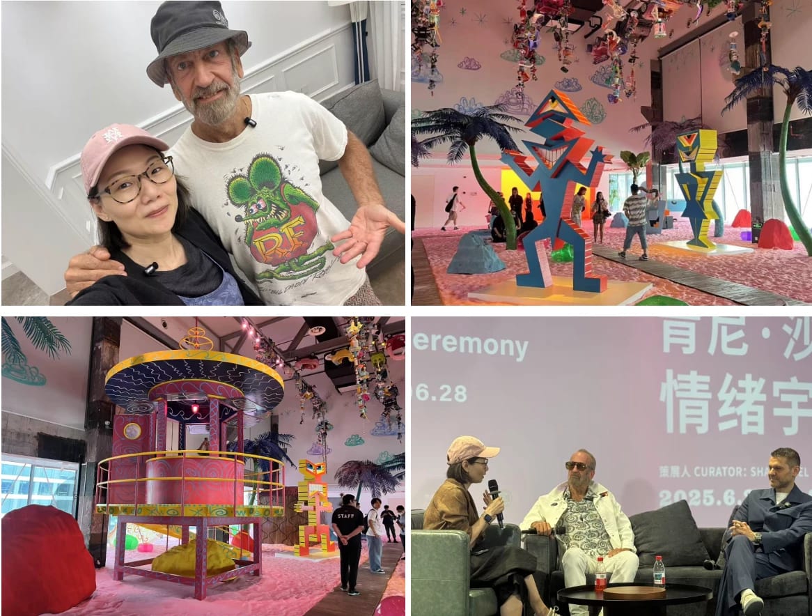 a grid of images that depict people at an exhibition opening
