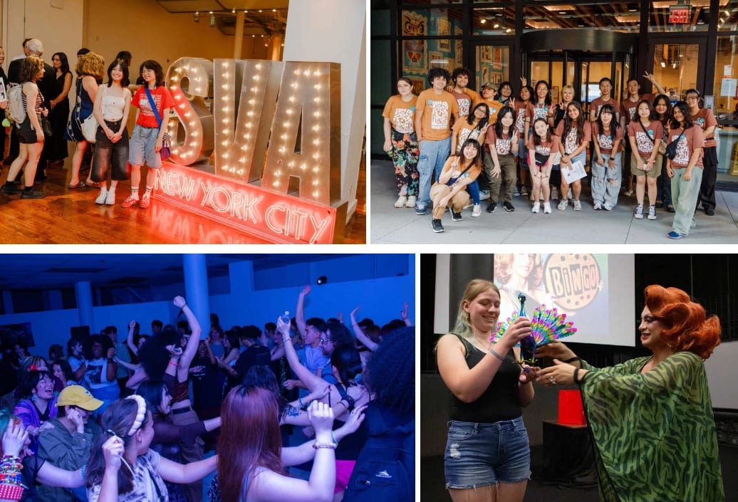 a grid of photos of students in front of the SVA sign, at a party, recieving a peacock shaped trophy and gathered for a large group photo