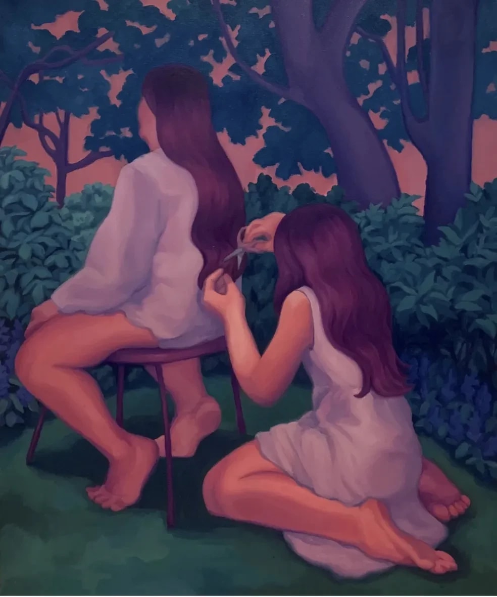 A painting of two women in a garden, they are painted in tones of pink and purple. One woman is shown cutting the other woman's hair.