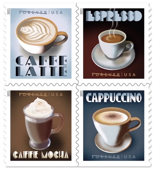 Four stamps featuring digital illustrations by Terry Allen of espresso drinks like a latte, cappuccino, espresso and caffe mocha, with the style of 1920s and 1930s advertising posters.