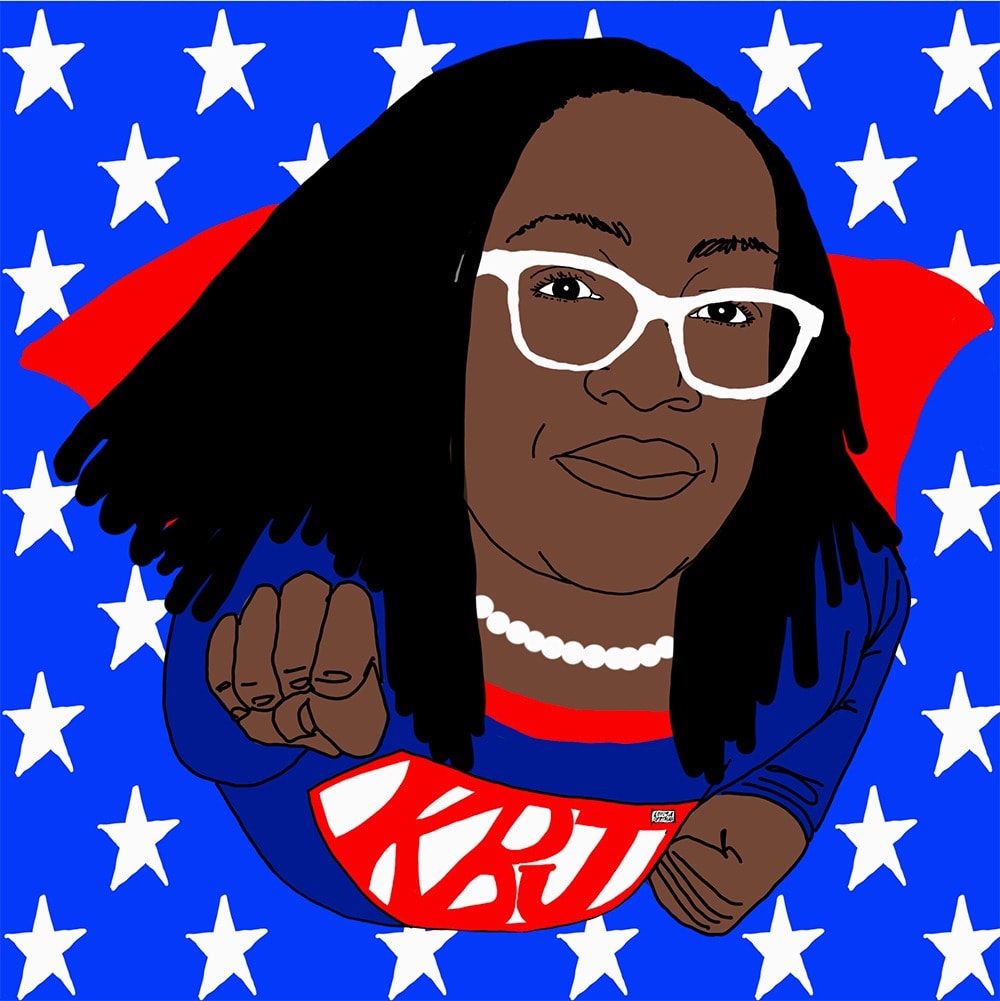 An Illustration of Supreme Court Nominee Judge Ketanji Brown Jackson in a superhero costume flying towards the viewer. The background is blue with white stars.