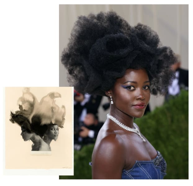 Side by side images. Left: a photo collage of a woman by Lorna Simpson; right: a photo of actress lupita nyong'o with hair like that of the woman in the photo collage.