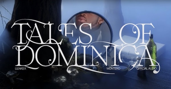 Still from Lil Nas X's official audio video for Tales of Dominica, featuring a mirror showing a reflection of the lower half of his face