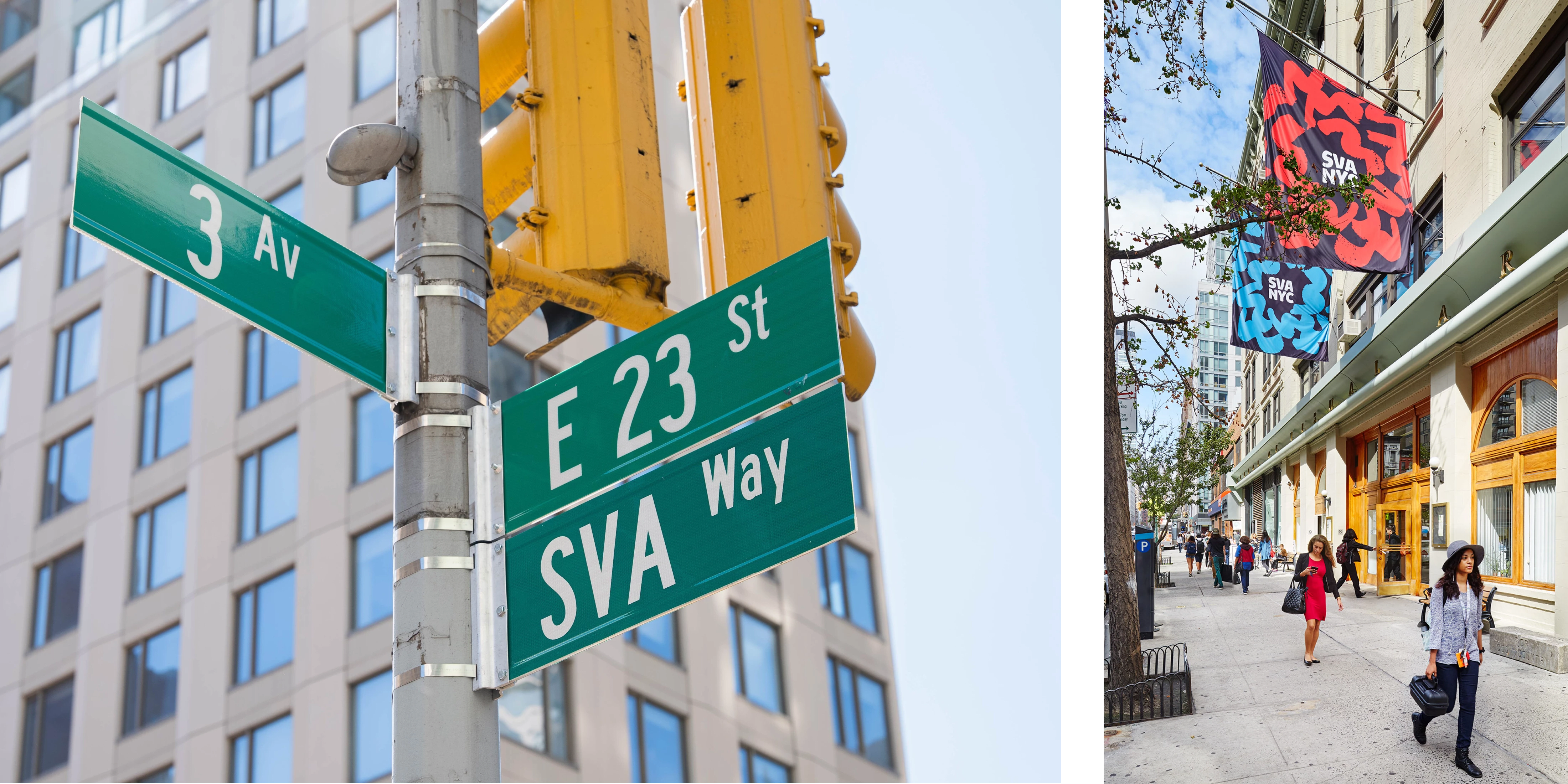 The 3rd Avenue and East 23rd Street Corner Signs with an official “SVA Way” sign underneath (Left); The 23rd Street building with two SVA NYC banners hanging above as students walk below.