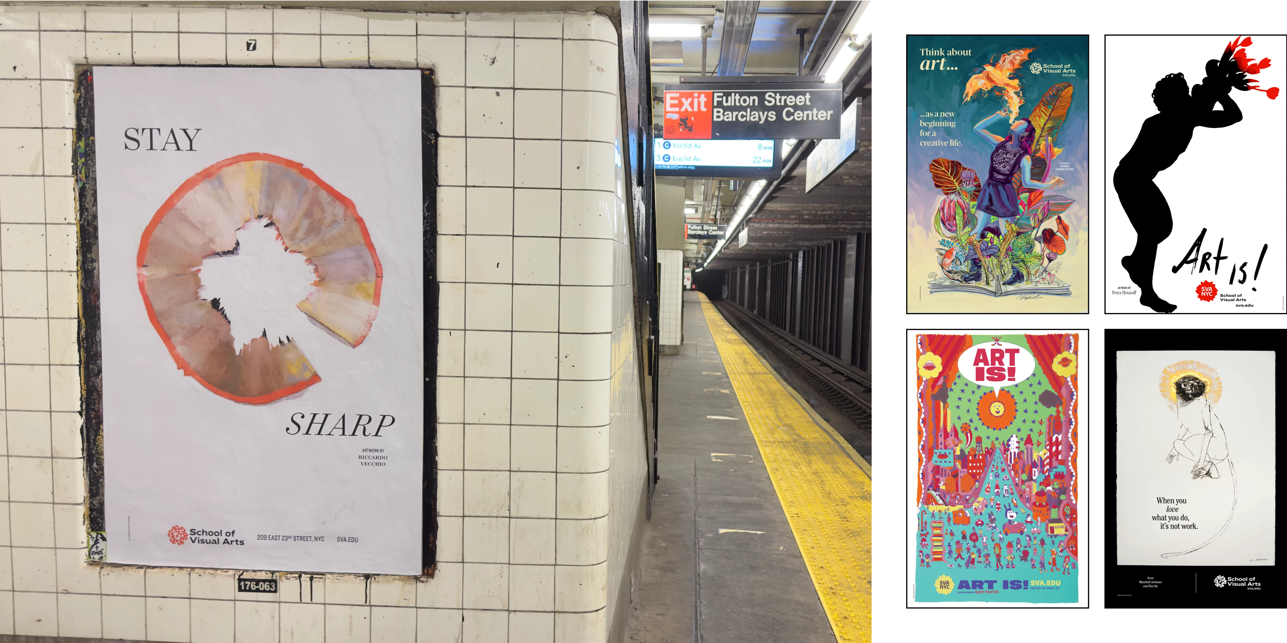 A subway station poster with an illustration of a pencil shaving and the words “Stay Sharp (left); Four different posters made by SVA Faculty over the years.