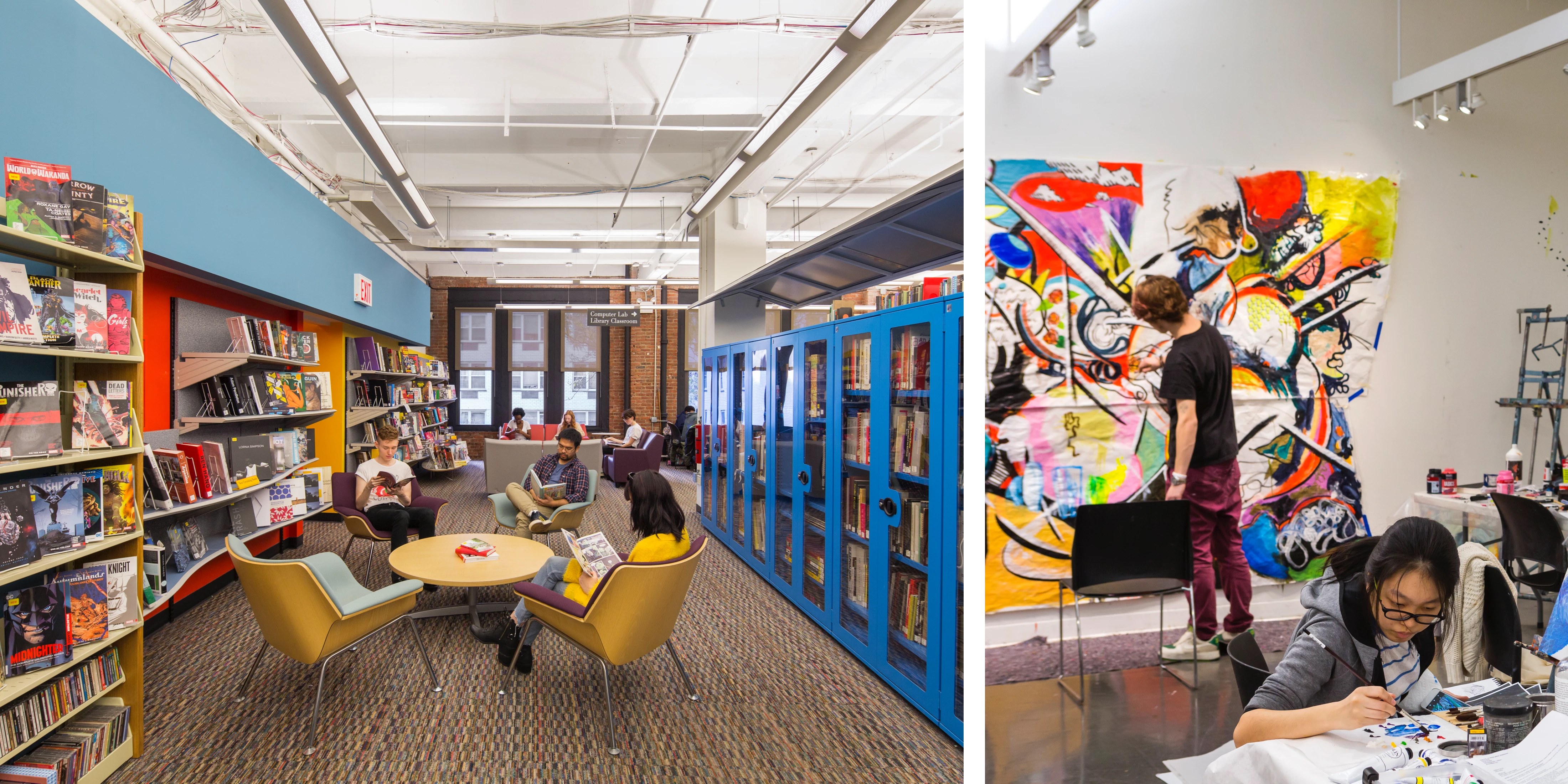 Students reading at a round table with shelves of books around them (left); A student working on a painting on the wall while another works at a desk.