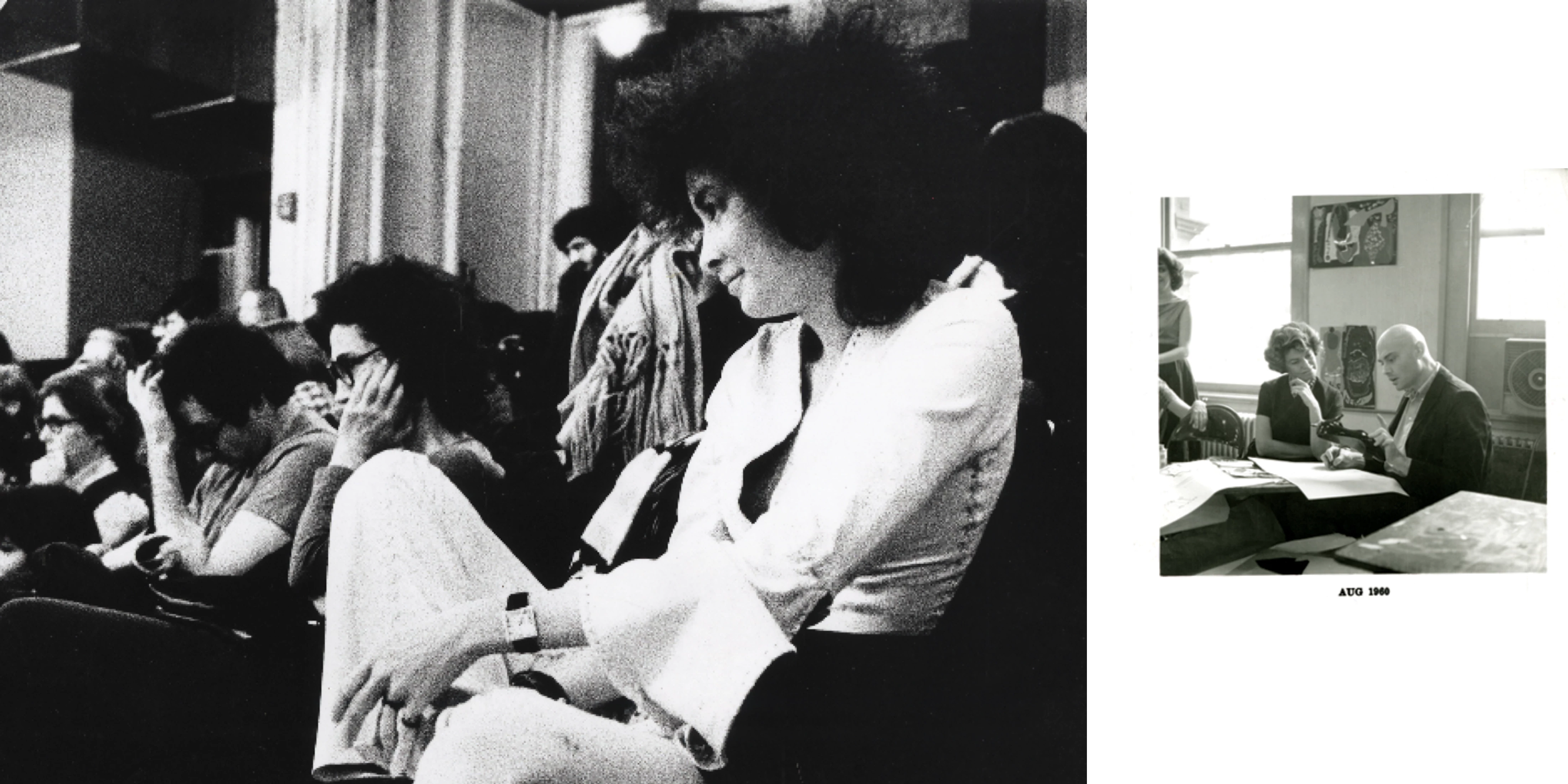 An archival picture of students listening to a lecture (left); Two people observing a drawing at a desk.