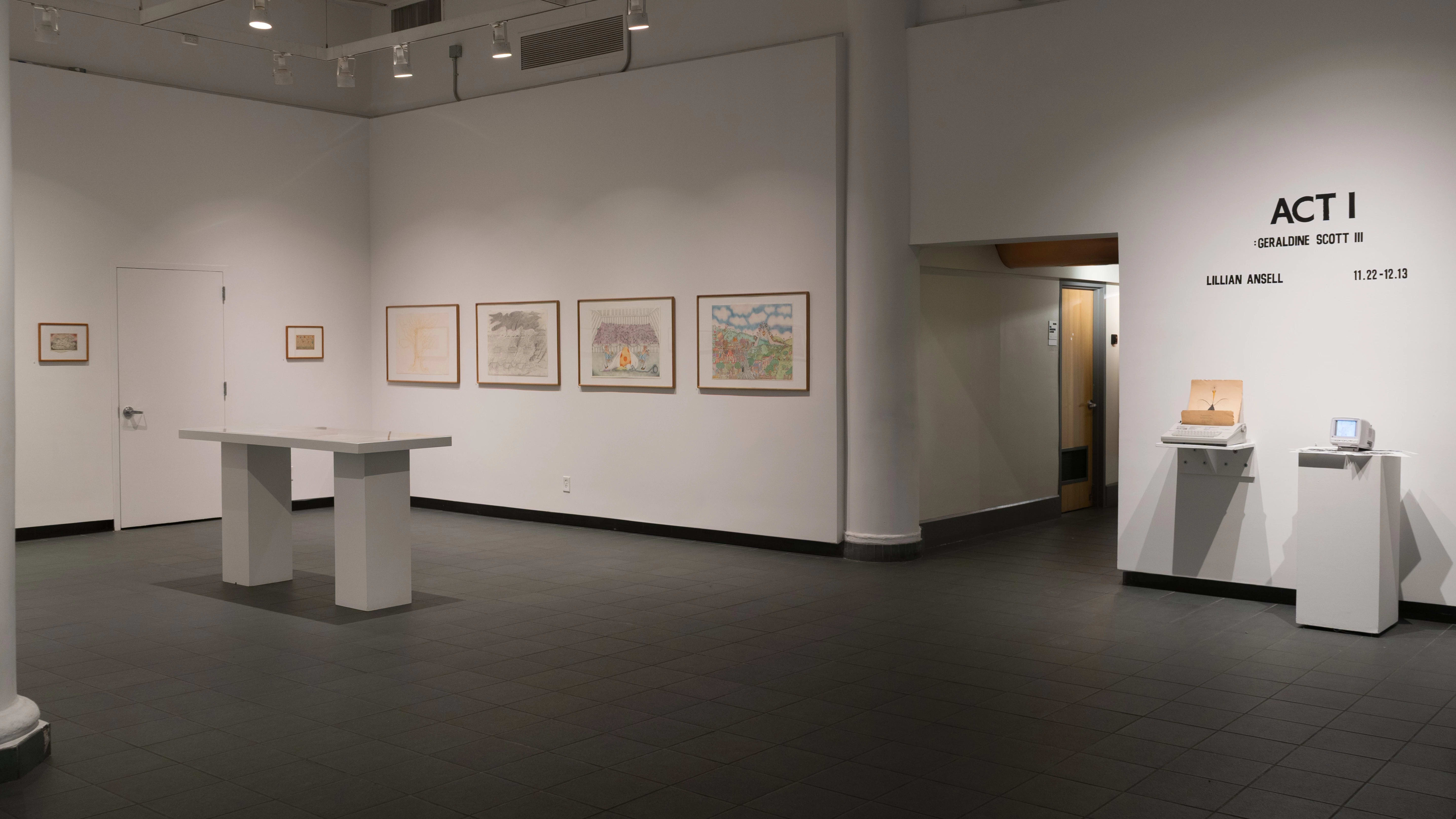 In the lobby of the SVA Gramercy Gallery, “Act I: Geraldine Scott III” is on view. Illustrated works by Lillian Ansell are displayed on the walls, in a vitrine, and on shelves.