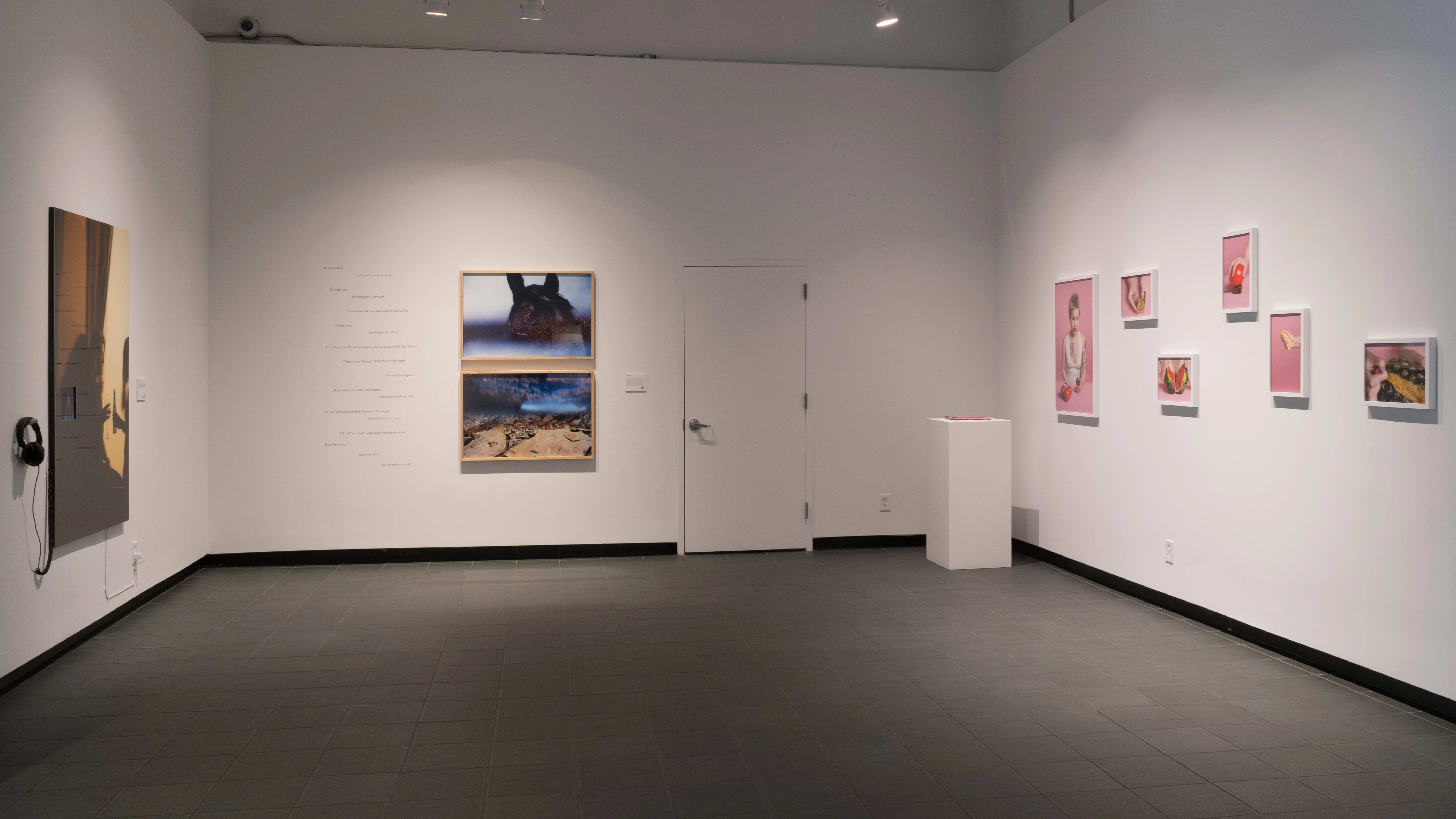 Looking into the SVA Gramercy Gallery, on the left wall is an image with headphones, on the far center wall are two framed photos with text beside it, and on the right are six photos hung apart.