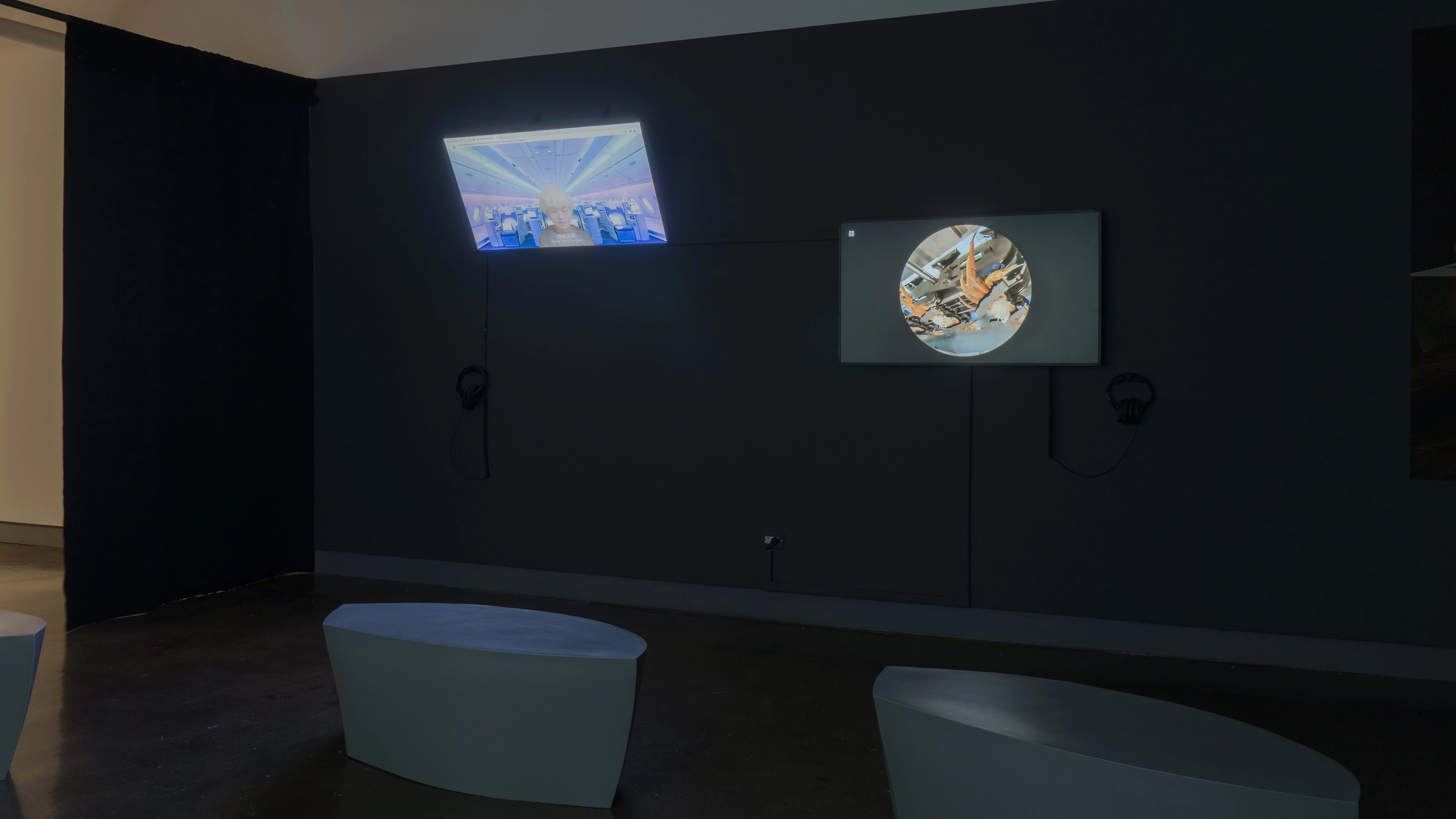 Two screens playing videos in a dark room. Benches sit on the floor in front of the screen.