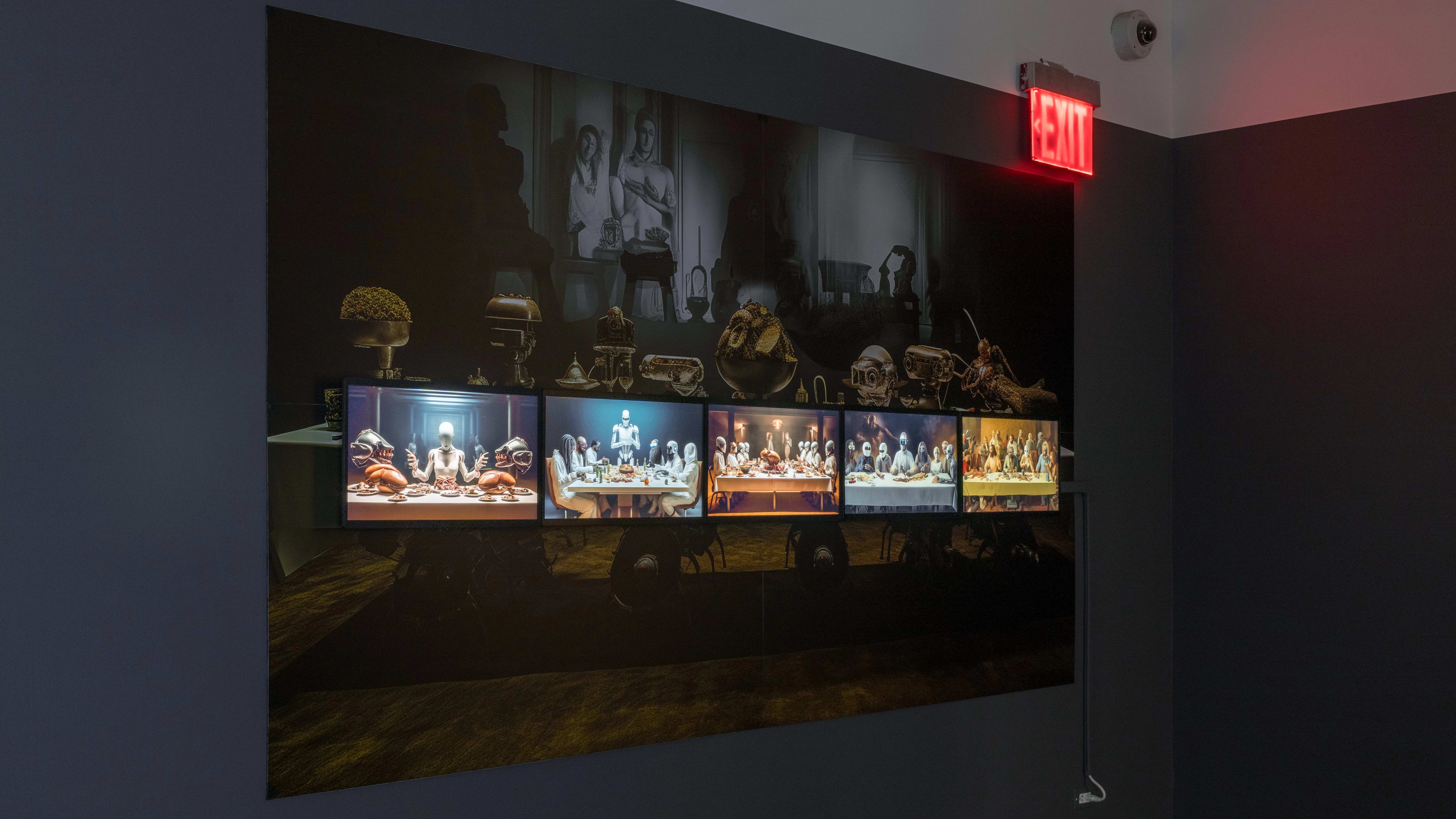 A wall depicting a large banner and five screens depicting AI-generated images.