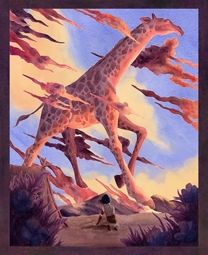 Rowan, the young explorer, is on her knees watching a huge giraffe crossing a sea of pink and pale violet clouds walk in front of her in the distance.