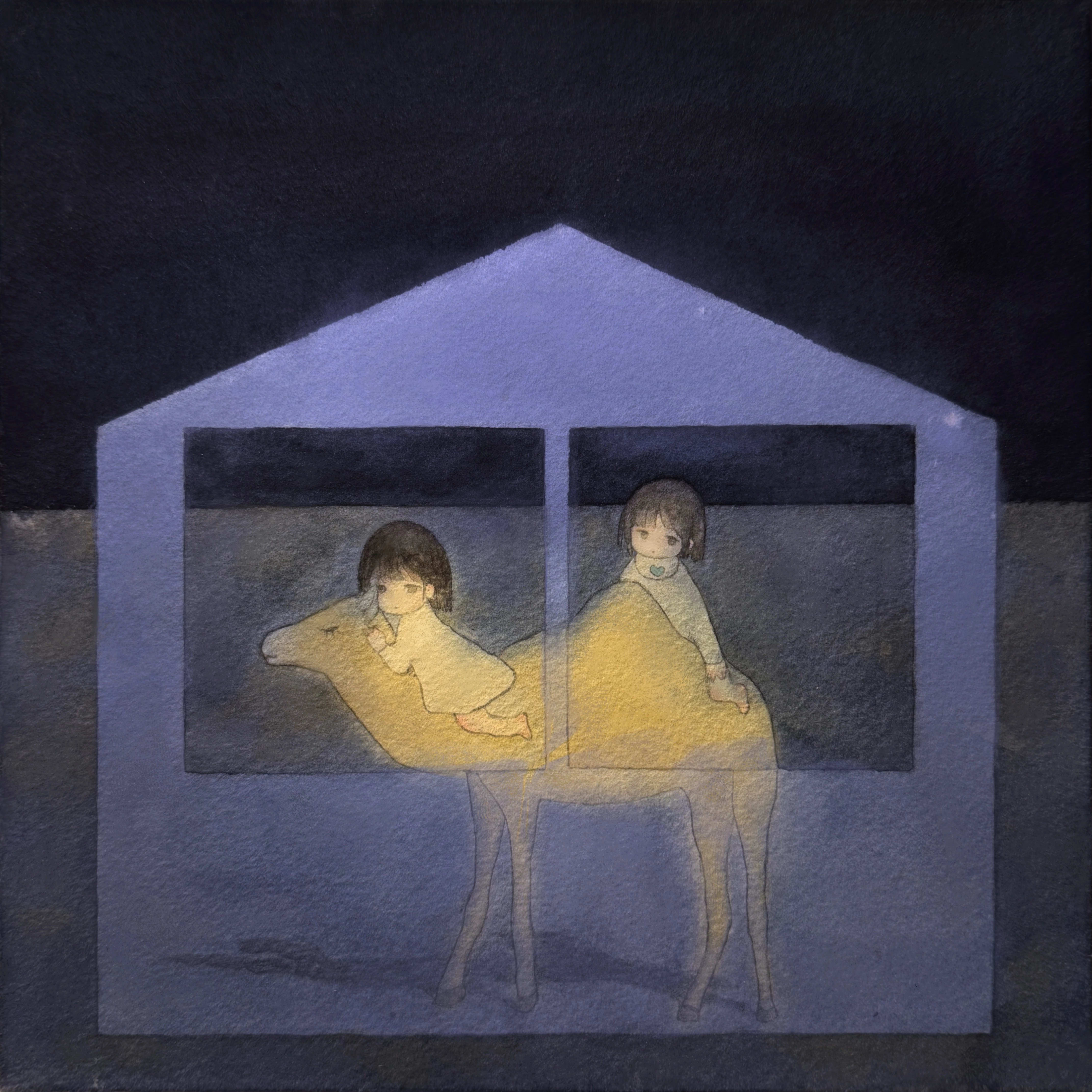 Two small sisters are riding a camel in the dark back to their home.