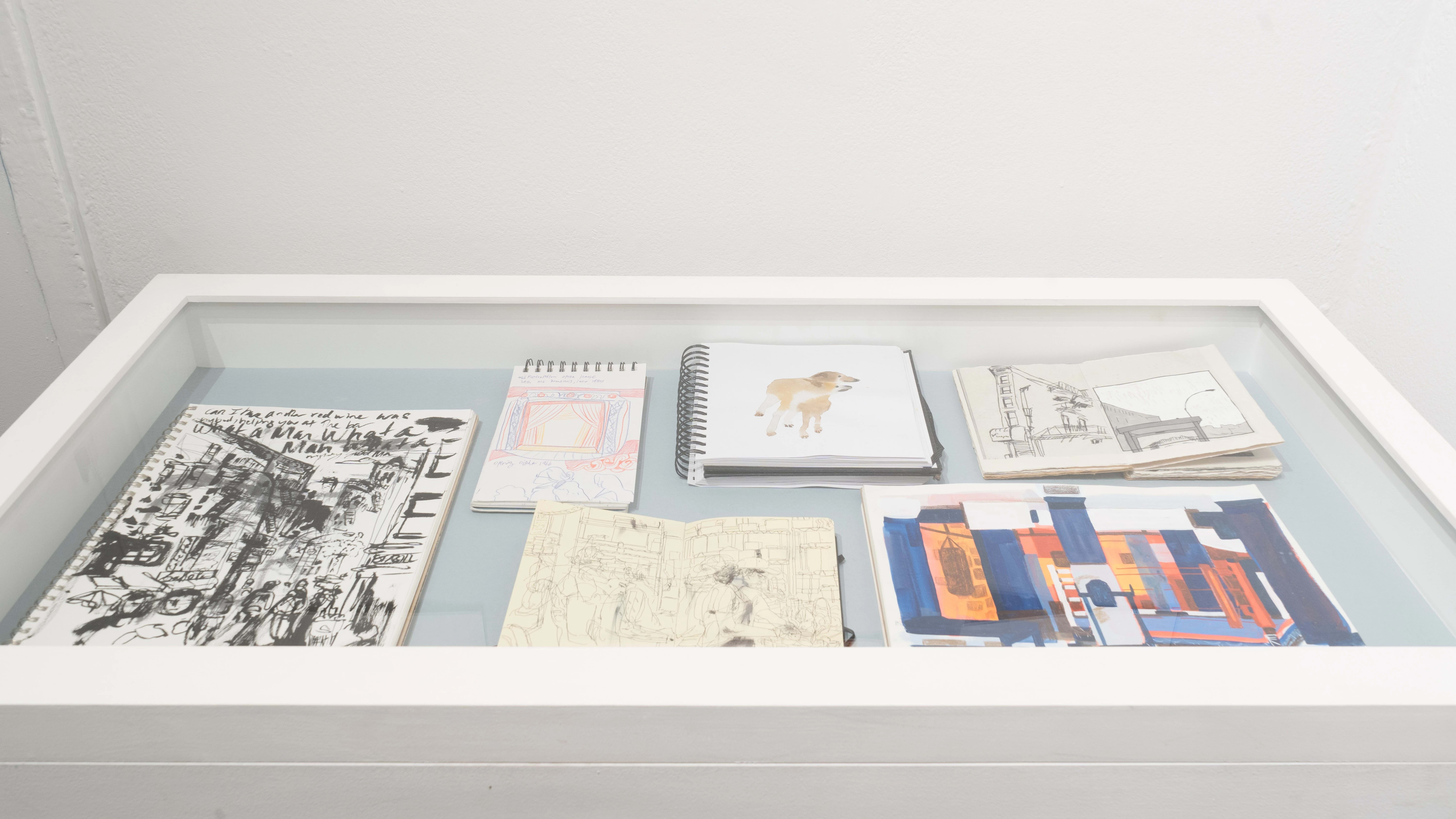 Closer look at a display case in the back right hand of the Gramercy alcove. It shows six personal sketchbooks laid out displaying live sketches of a city street, a theater, a dog, the Golden Gate Bridge and an overpass, a market, and a boxing gym.
