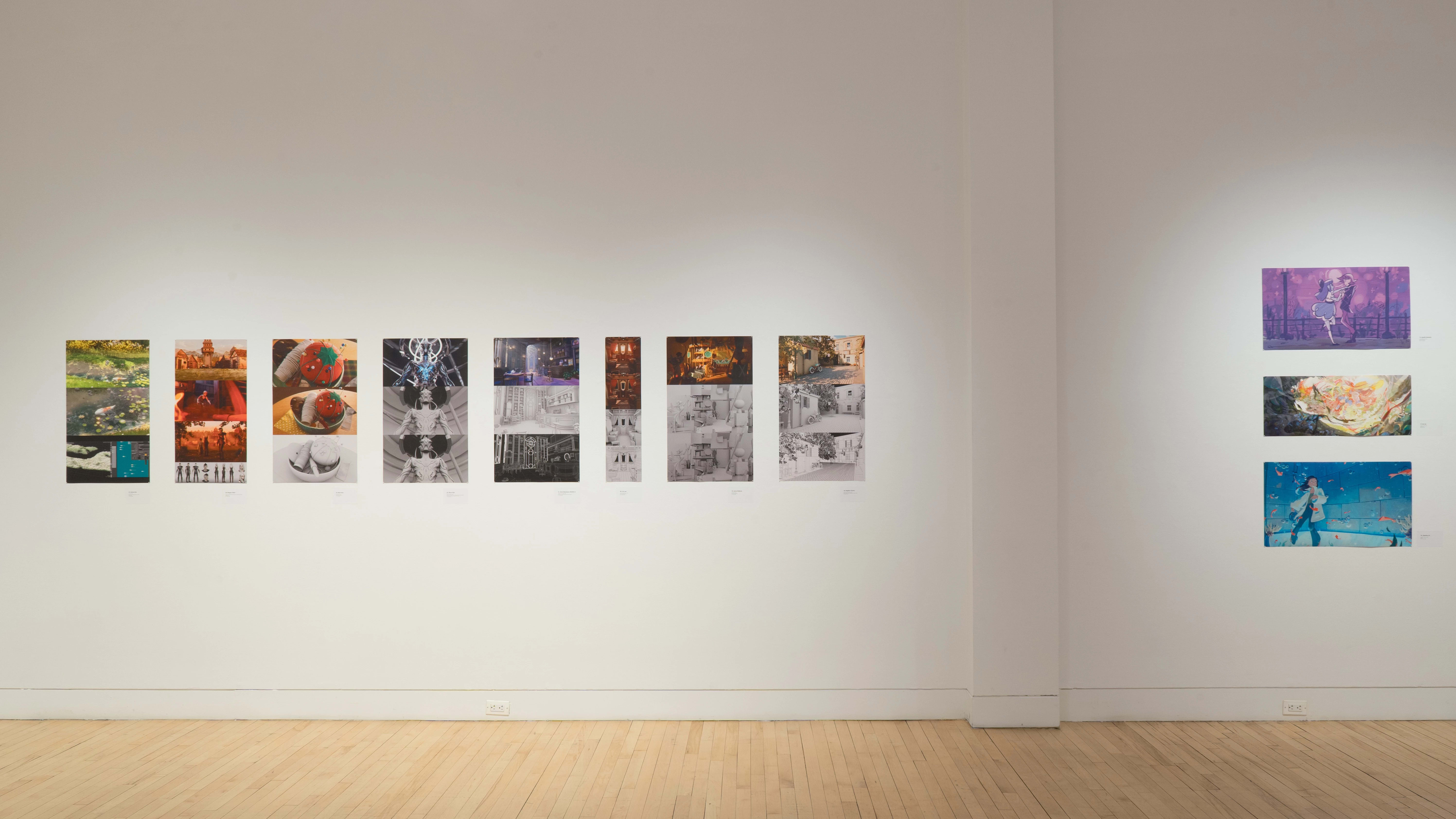 A straight shot of the SVA Flatiron Gallery's west wall, showing many colorful prints by BFA Animation students pinned up.