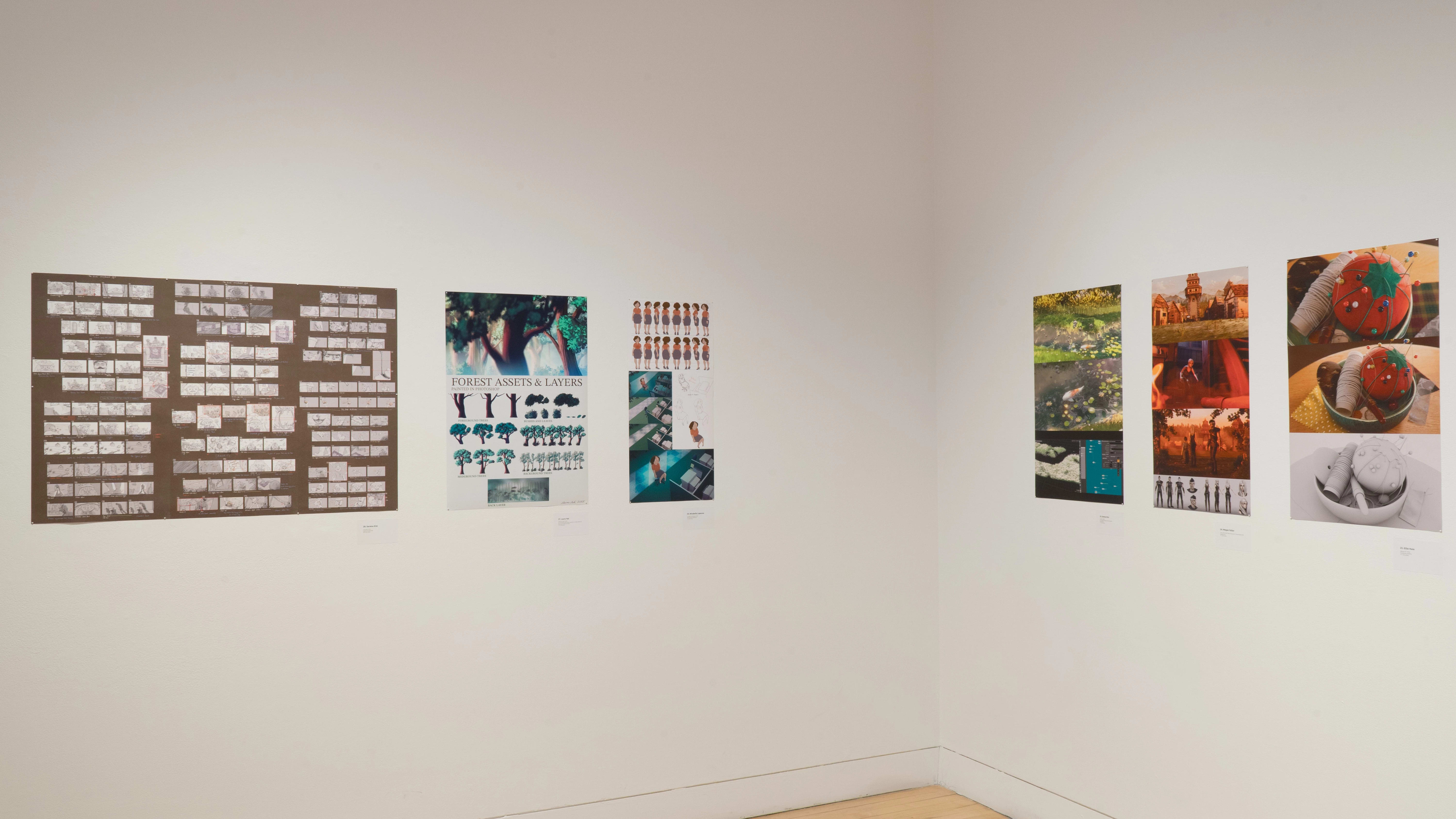 An angled shot of the SVA Flatiron Gallery's southwest corner, showing many colorful prints by BFA Animation students pinned up.