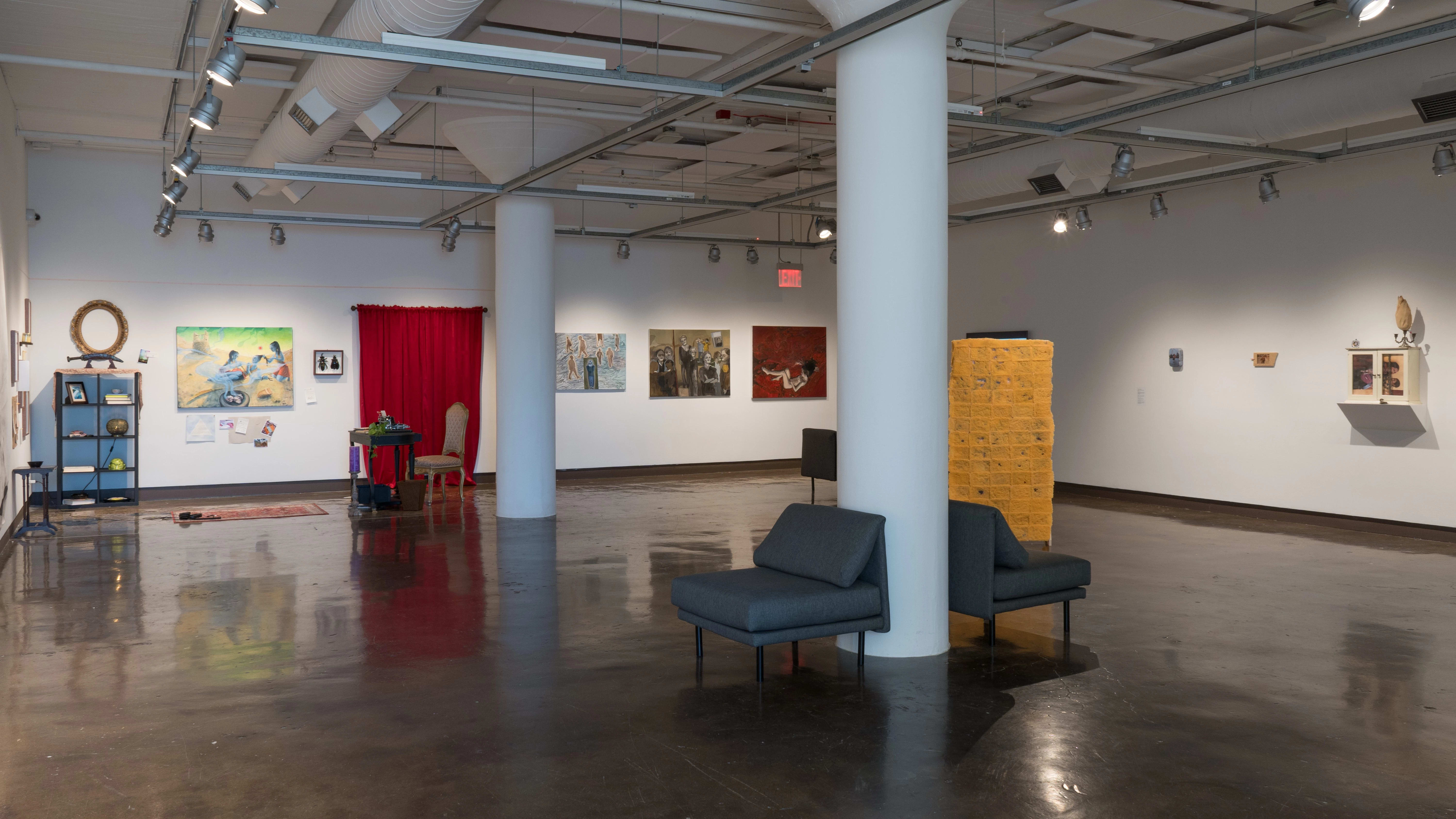 Gallery one of the SVA Chelsea Gallery contains installations, paintings, sculptures, and assemblages for the exhibition “Wondering Paths.”