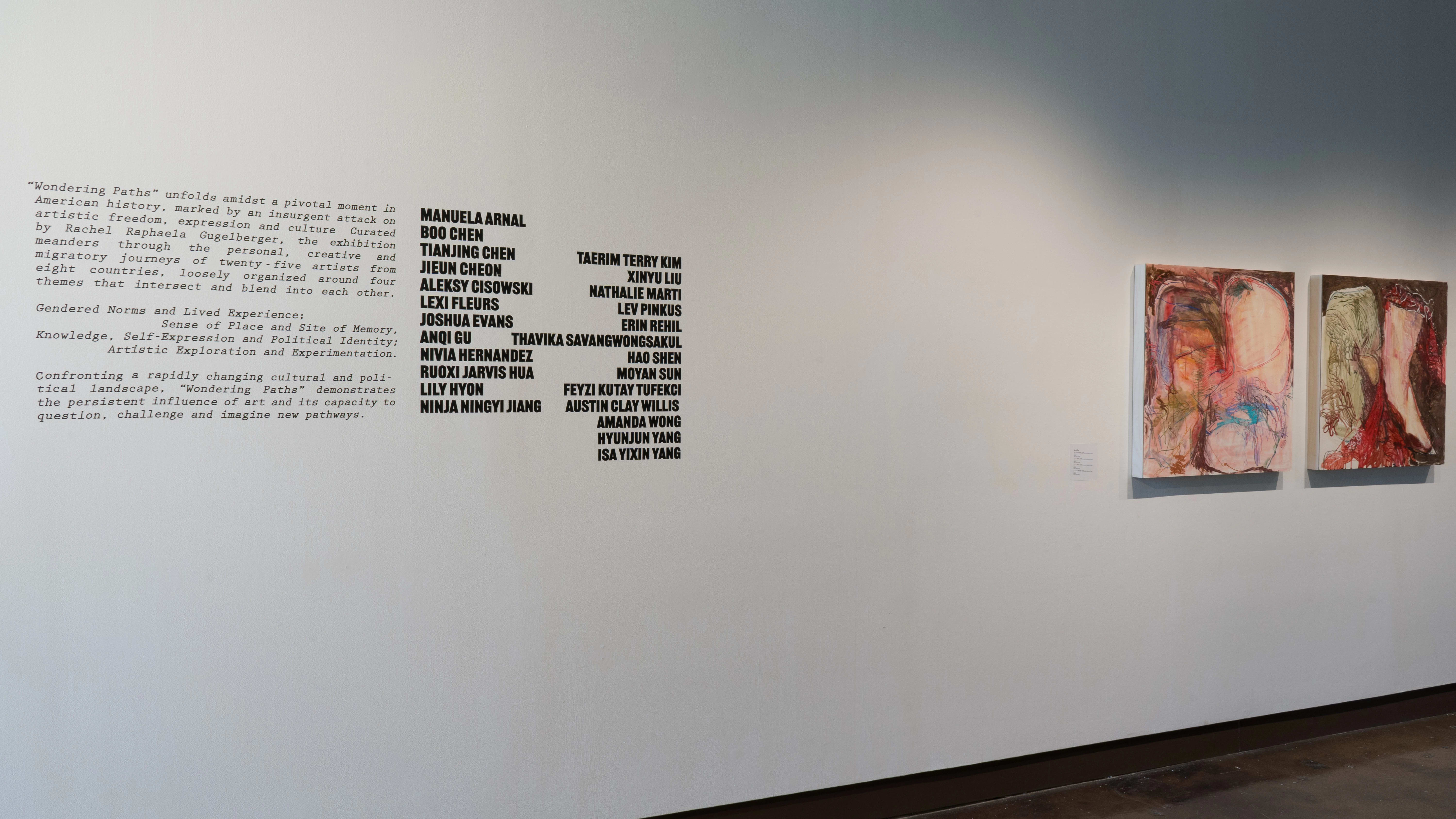 Upon entering gallery one of the SVA Chelsea Gallery, vinyl text describes the exhibition and lists the exhibitors’ names. Colorful abstract paintings hang to the right of the text.