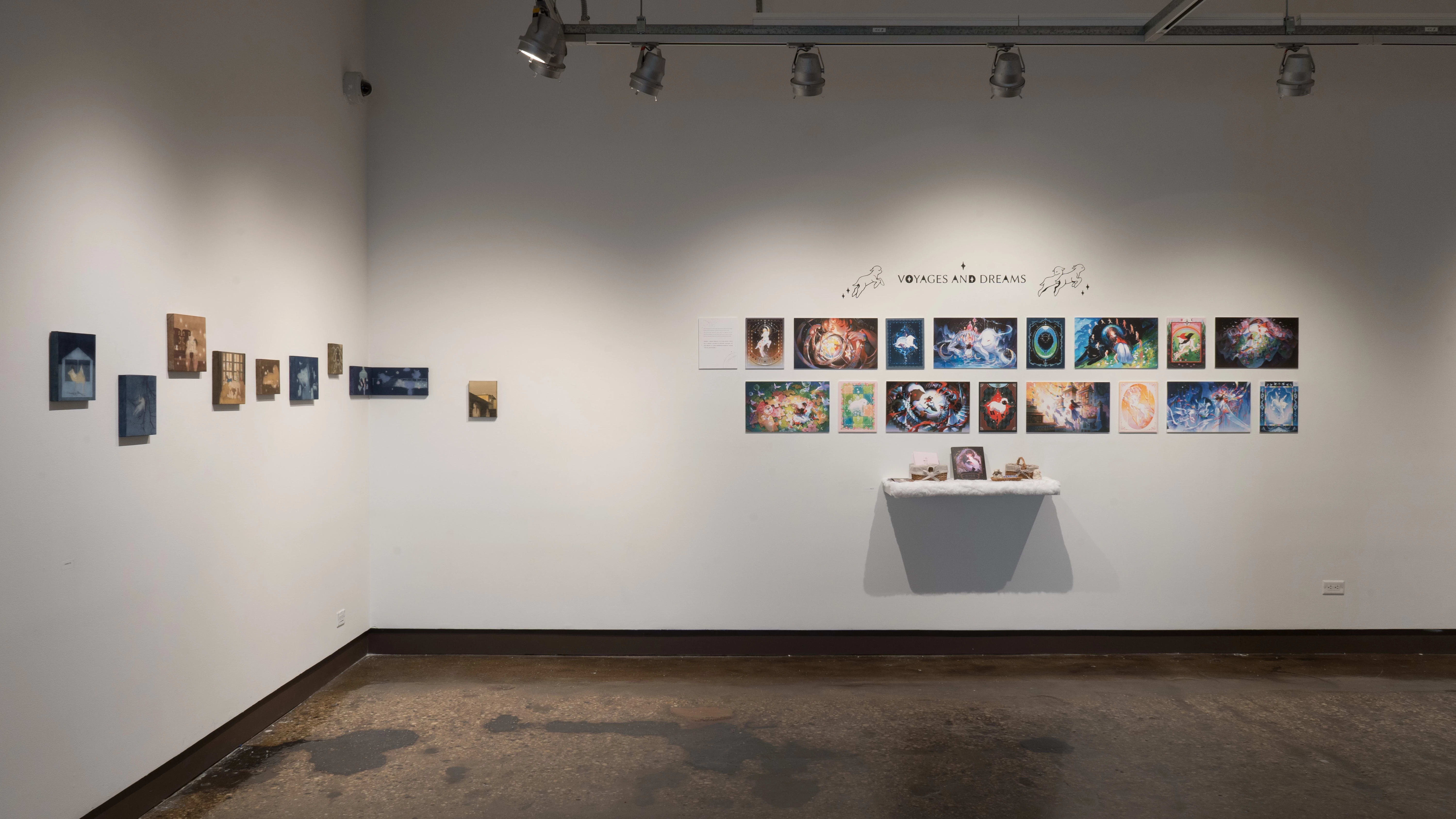 A view of the corner of the west and norths walls at the SVA Chelsea Gallery. Small paintings in blue and brown on panel hang on the left, and two rows of pinned illustrations are on the right under the title, “Voyages and Dreams.”