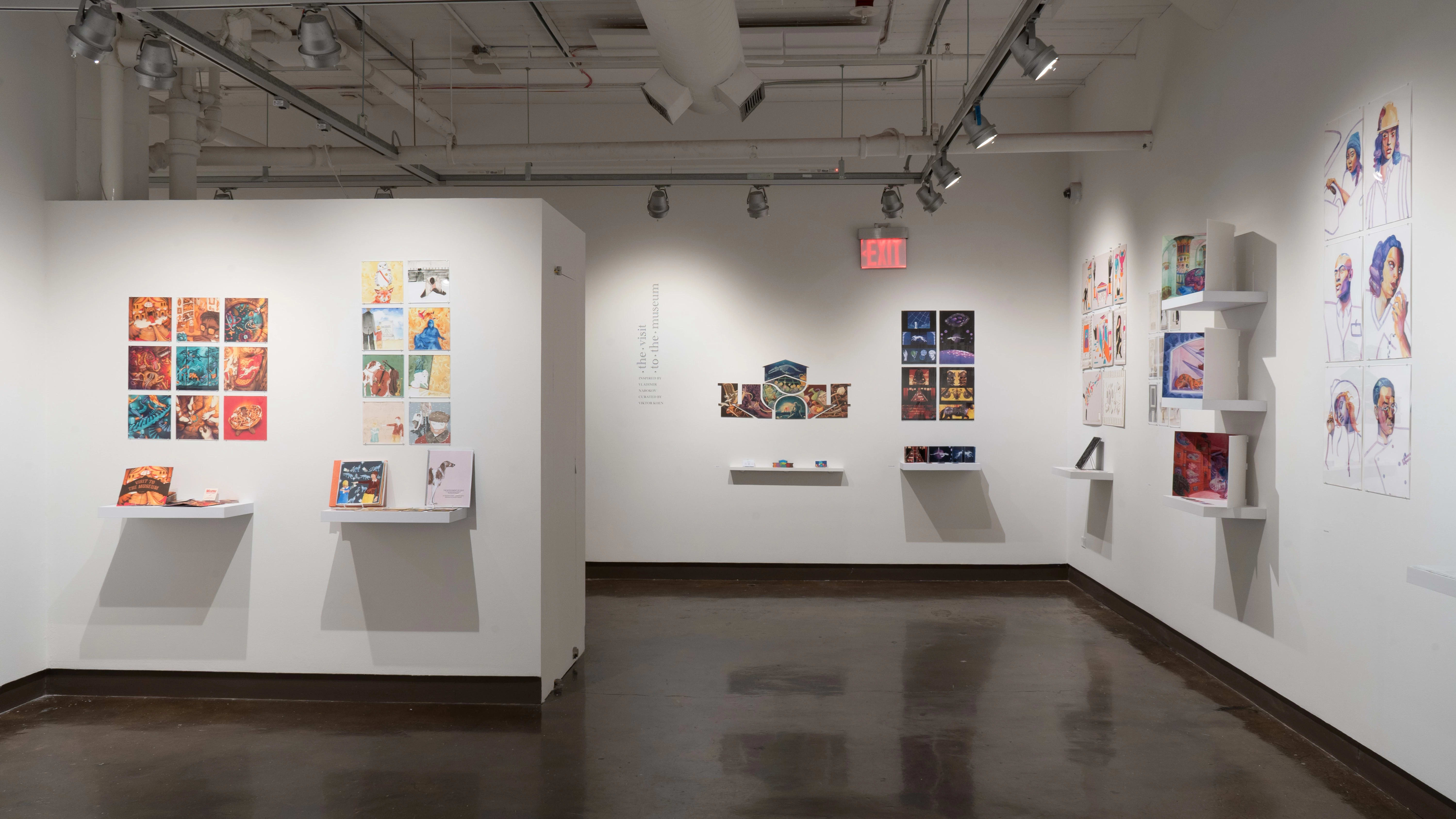 The many, varied illustration projects in “The Visit to the Museum” are on display in gallery four and the gallery four alcove. Most projects are prints or original drawings accompanied by a book.