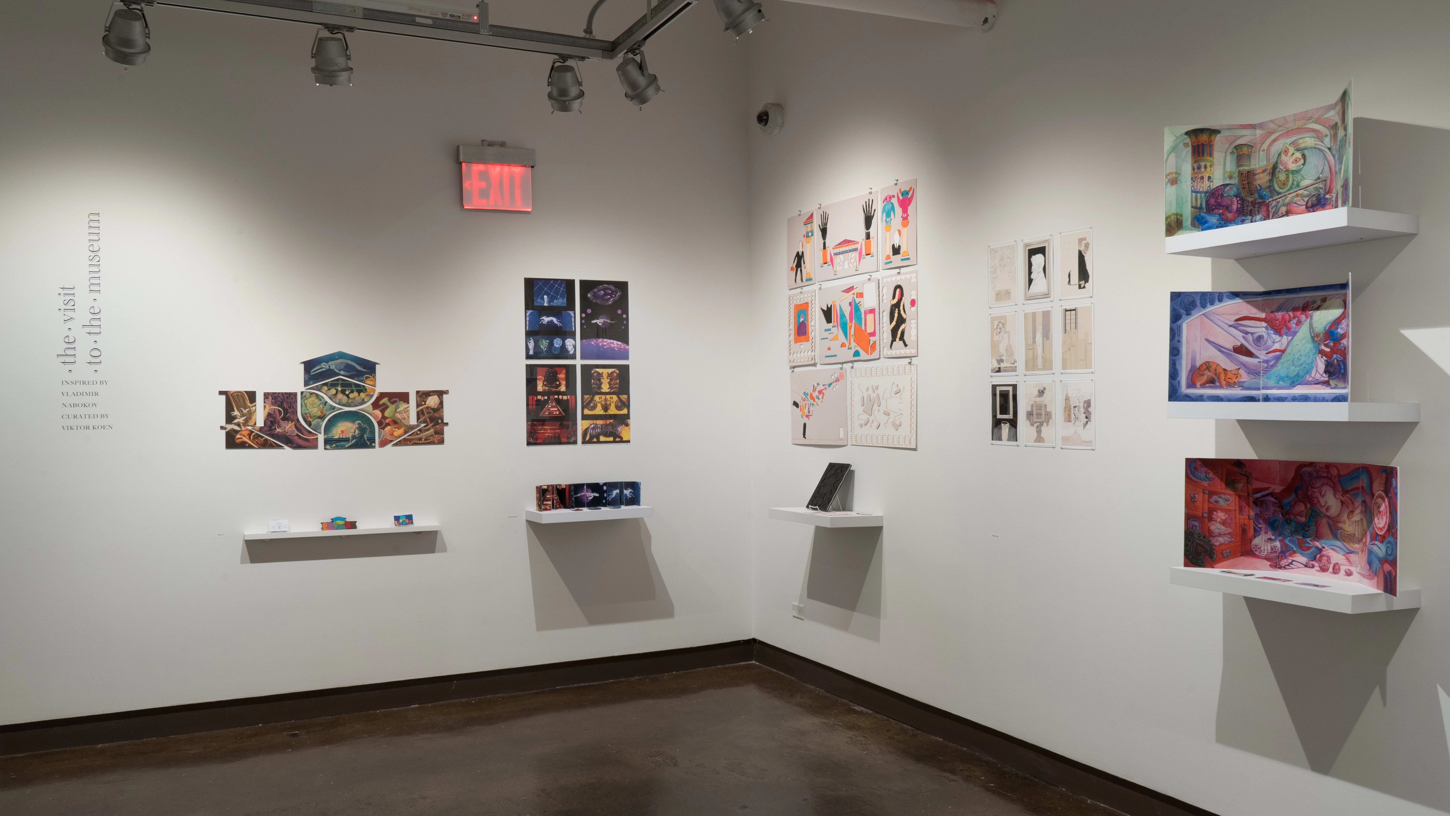 In gallery four of the SVA Chelsea Gallery, “The Visit to the Museum” is on view. In the left corner of the space, five projects are displayed on the wall side by side. Some projects are presented with pinned prints, and others use folding boards or books.