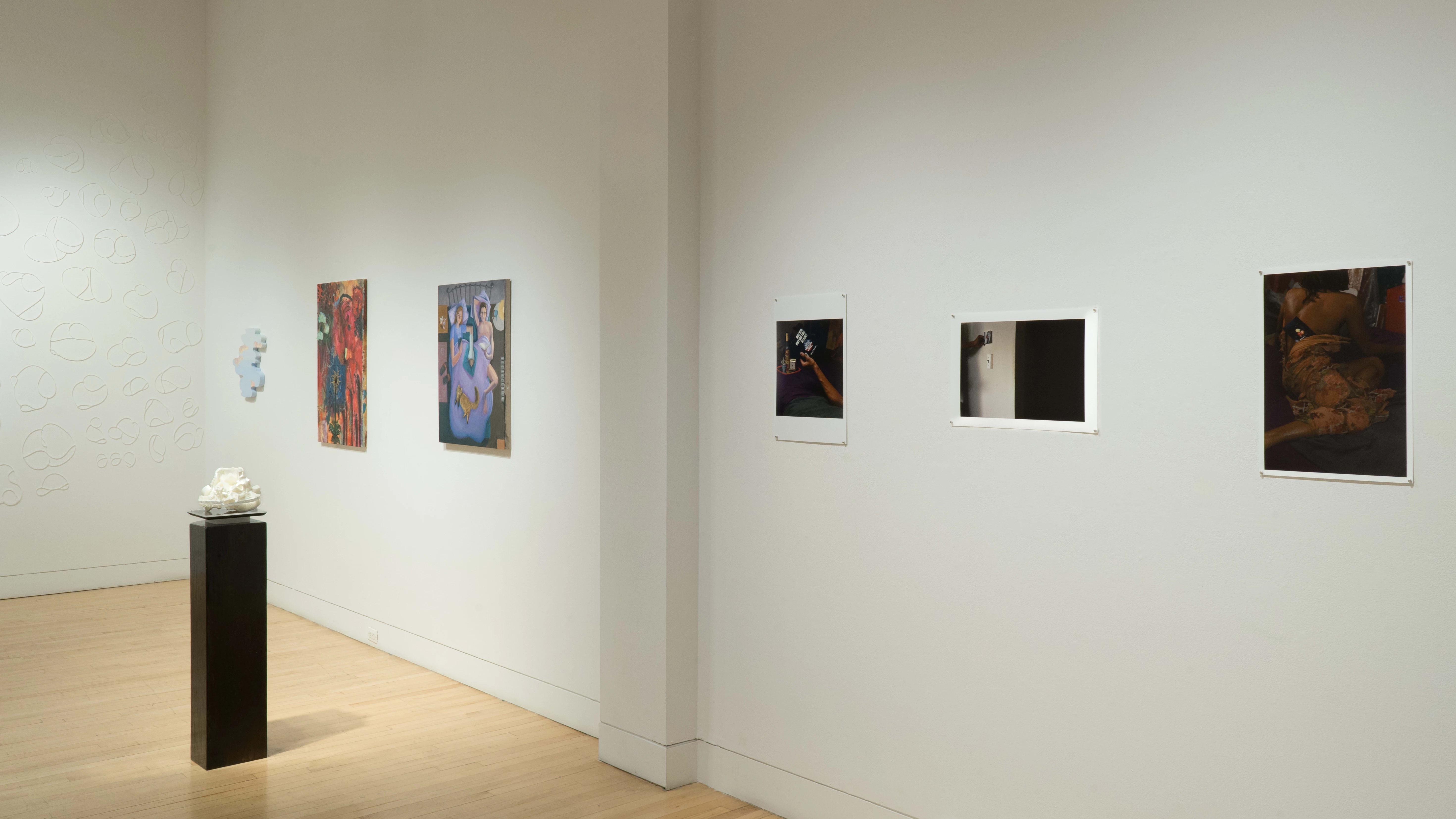 From another angle, the zipties, colorful paintings, white sculpture, and shadowy photos are all visible.