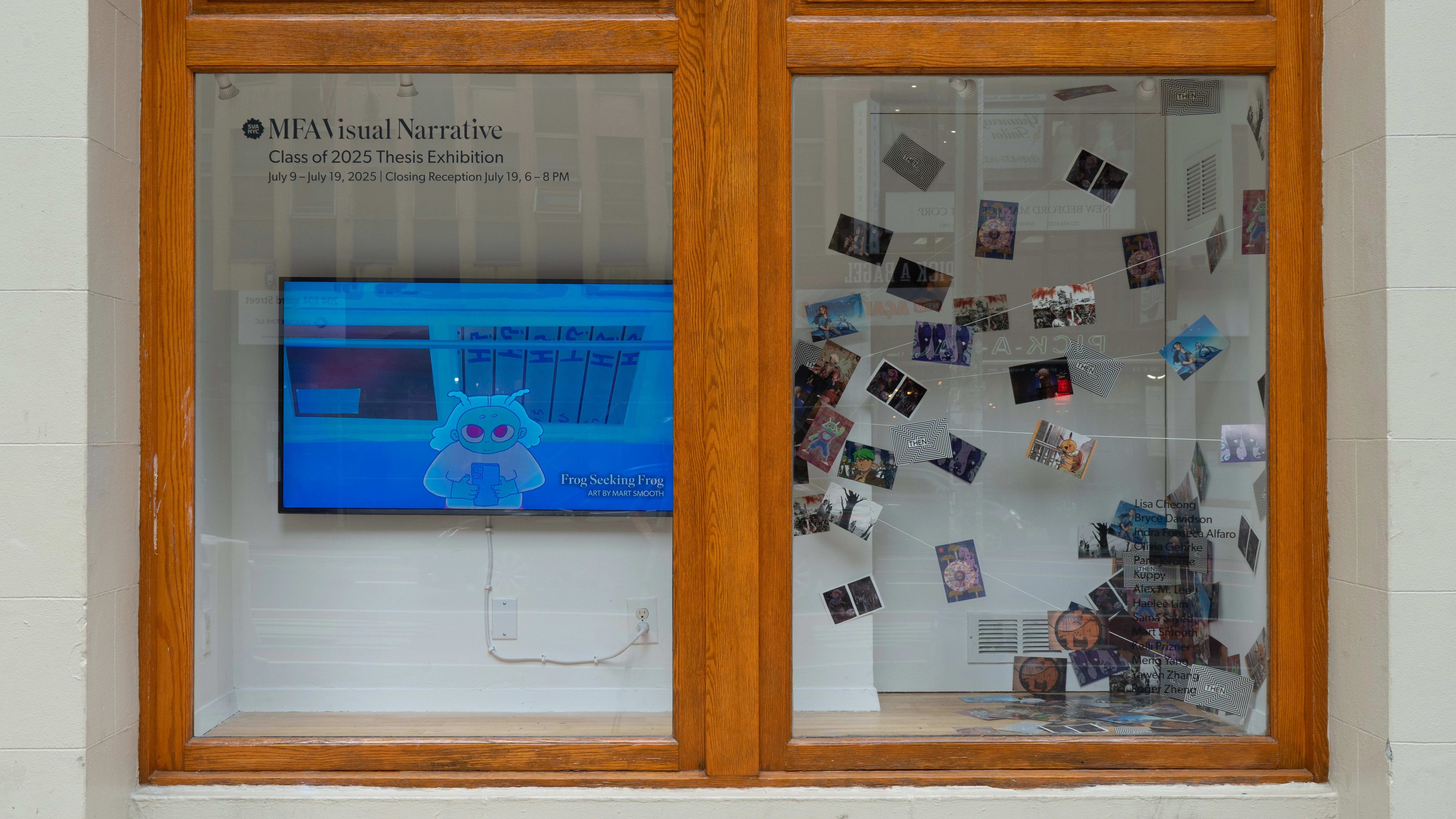 A window display outside of the SVA Gramercy Gallery. Inside the display are a collection of postcards strung up on white twine, and a TV displaying work by students featured in the show.