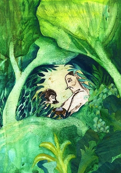 A young girl and an elderly woman facing each other in profile standing in a lush green forest looking at a bird nest with two small purple eggs that the older woman holds in her hands.