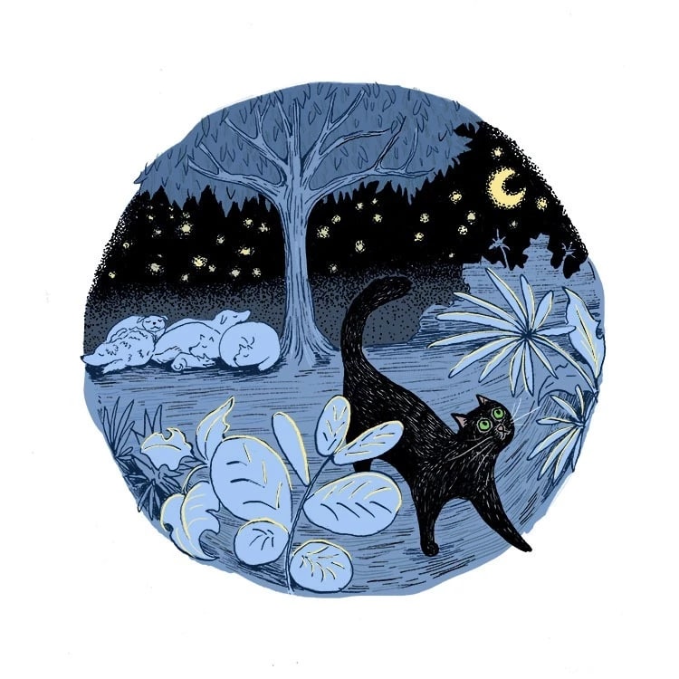 A black cat with green eyes walks into a jungle at night, sneaking away from a pile of sleeping dogs at the base of a large tree.