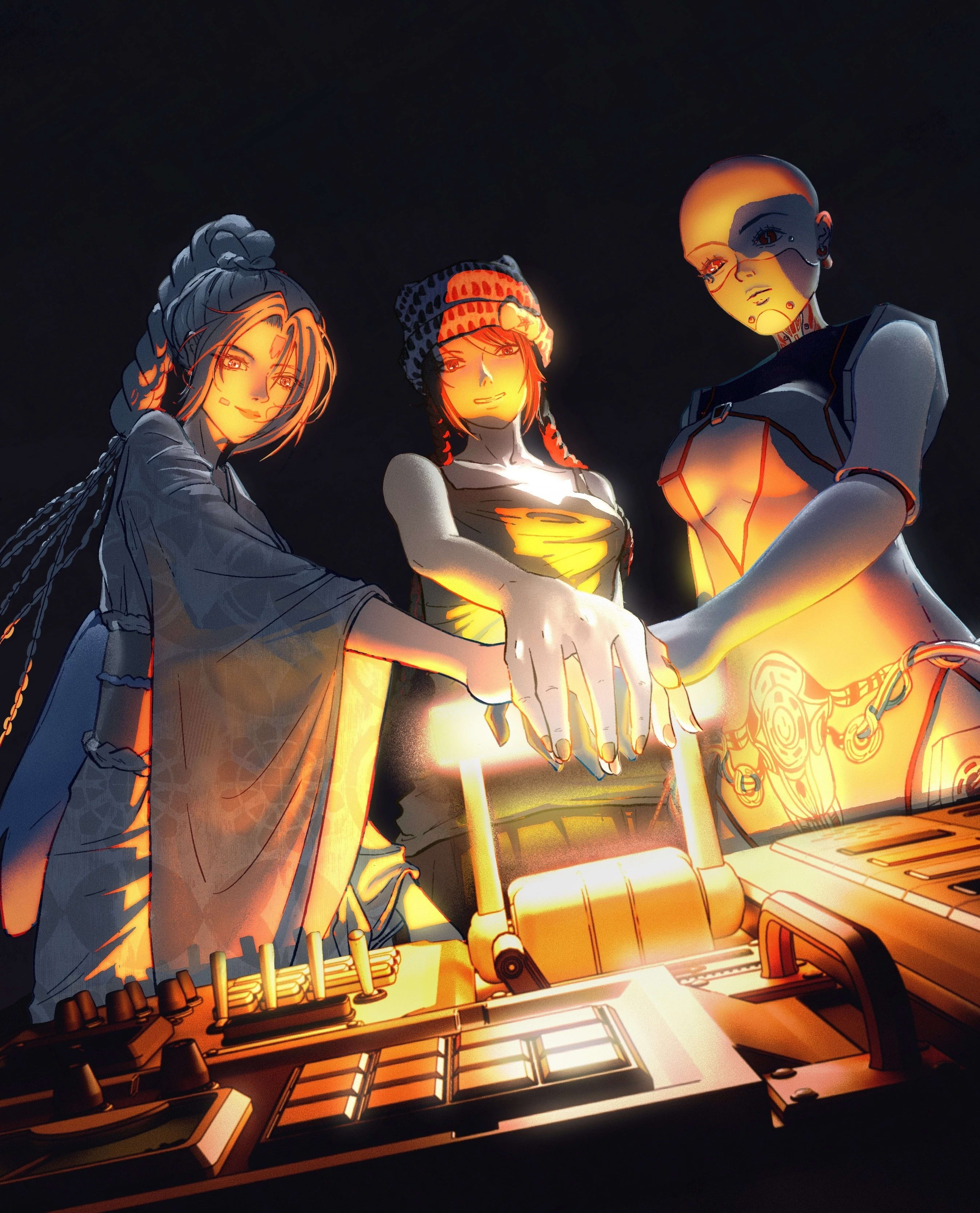 A dramatic, stylized illustration of three women—Yuki, Lena, and Lilian—standing shoulder to shoulder in a dimly lit, high-tech setting, have their hands placed firmly on a large, glowing control lever as if preparing to activate a powerful mechanism.