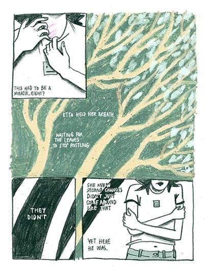 Green and yellow trees bending to the right in the background, with three small panels overlaid on it.