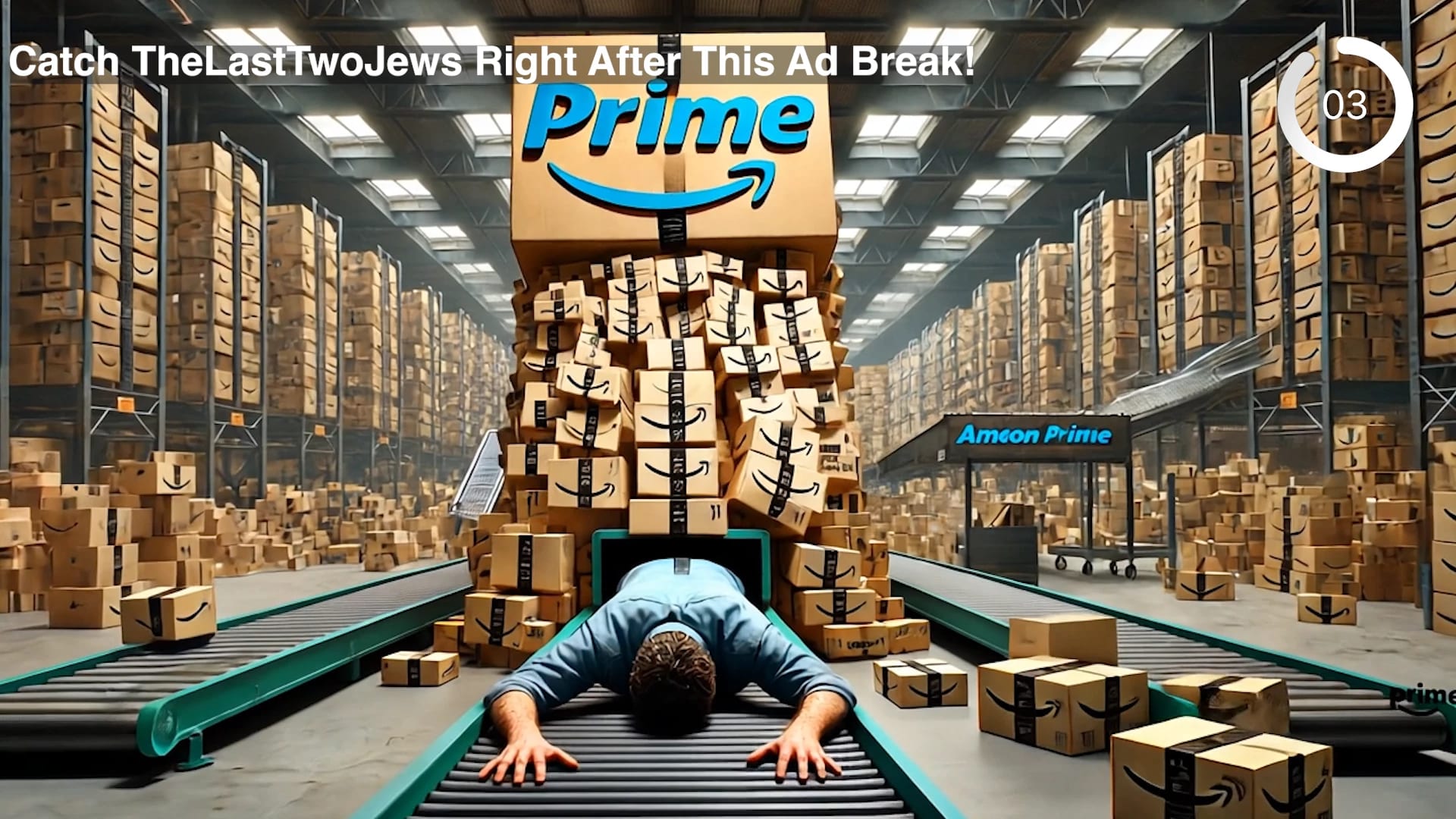 A still from The Last Two Jews depicting a pop-up advertisement with a countdown timer on the right. In the top left corner, a message reads, “Catch THELASTTWOJEWS After This Ad Break.” The image shows an Amazon worker being consumed on a factory treadmill by a towering stack of Amazon boxes. The Amazon logo is prominently displayed at the top.