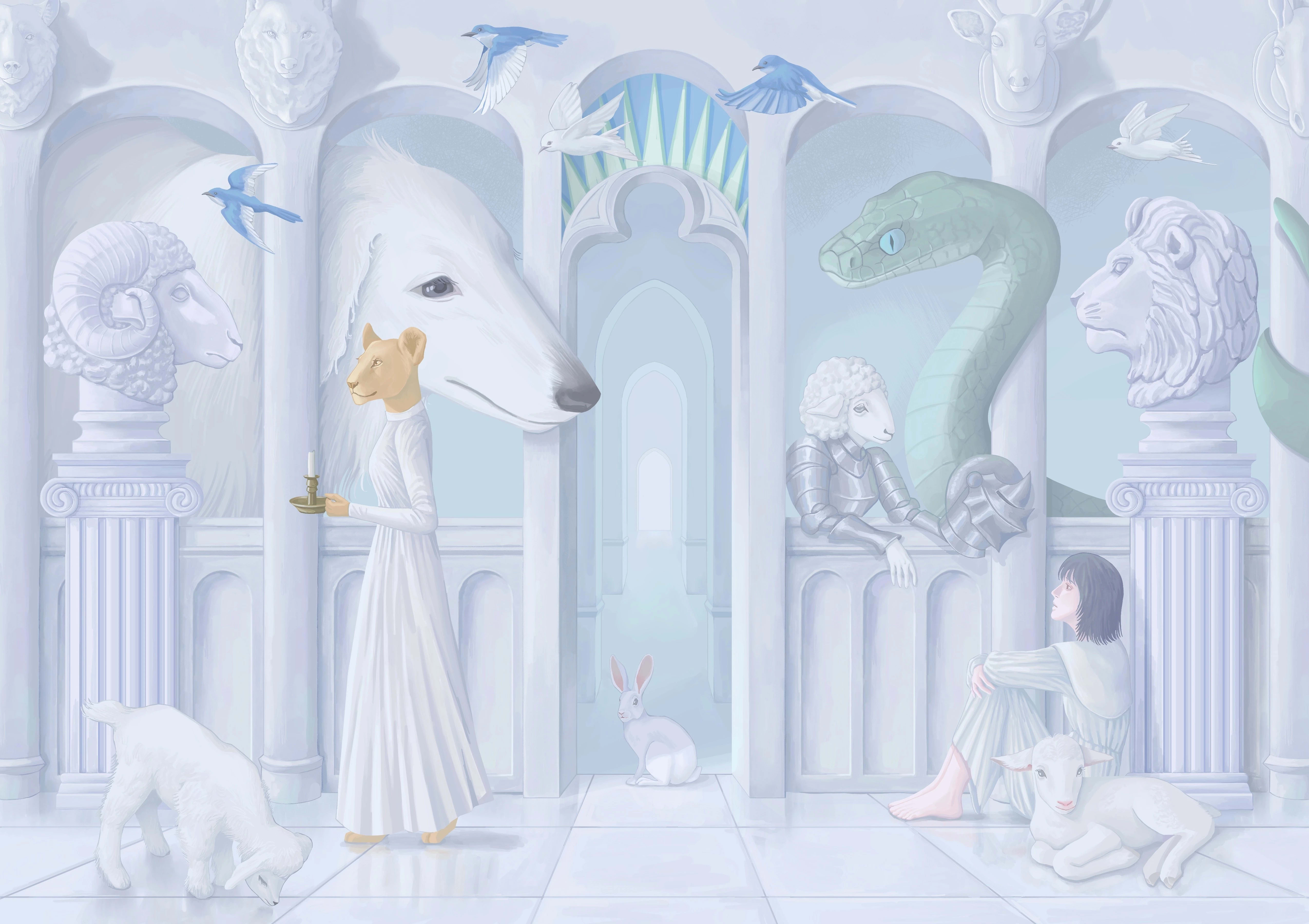In a Roman-style architectural setting decorated with various animal sculptures, a girl sits beside a male lion sculpture column in a room filled with columns as well as a huge dog, a huge snake, a rabbit, flying birds, and sheep.