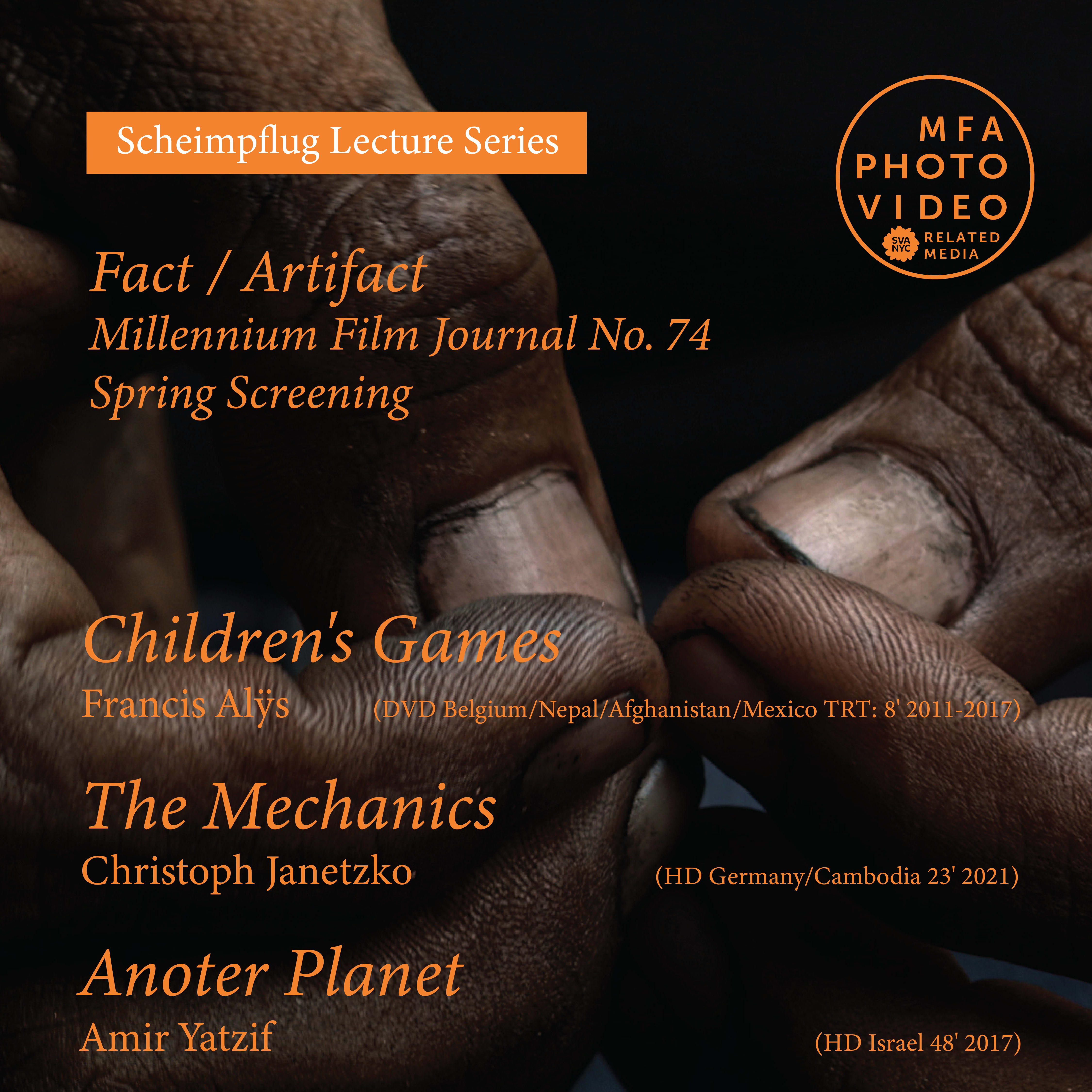 Square poster of MFJ screening featuring a photo of hands in the backdrop with orange text overlayed.