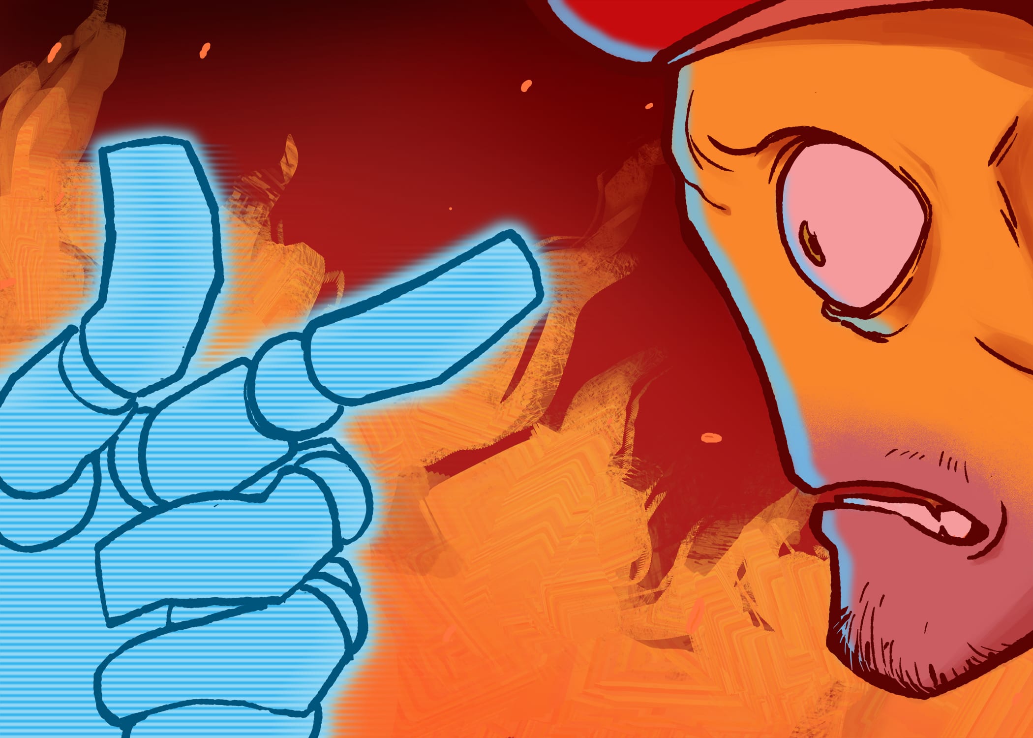 Ble hand pointing at profile of shocked face from Porad Gasan Zade's graphic novel Hatland Oddities.