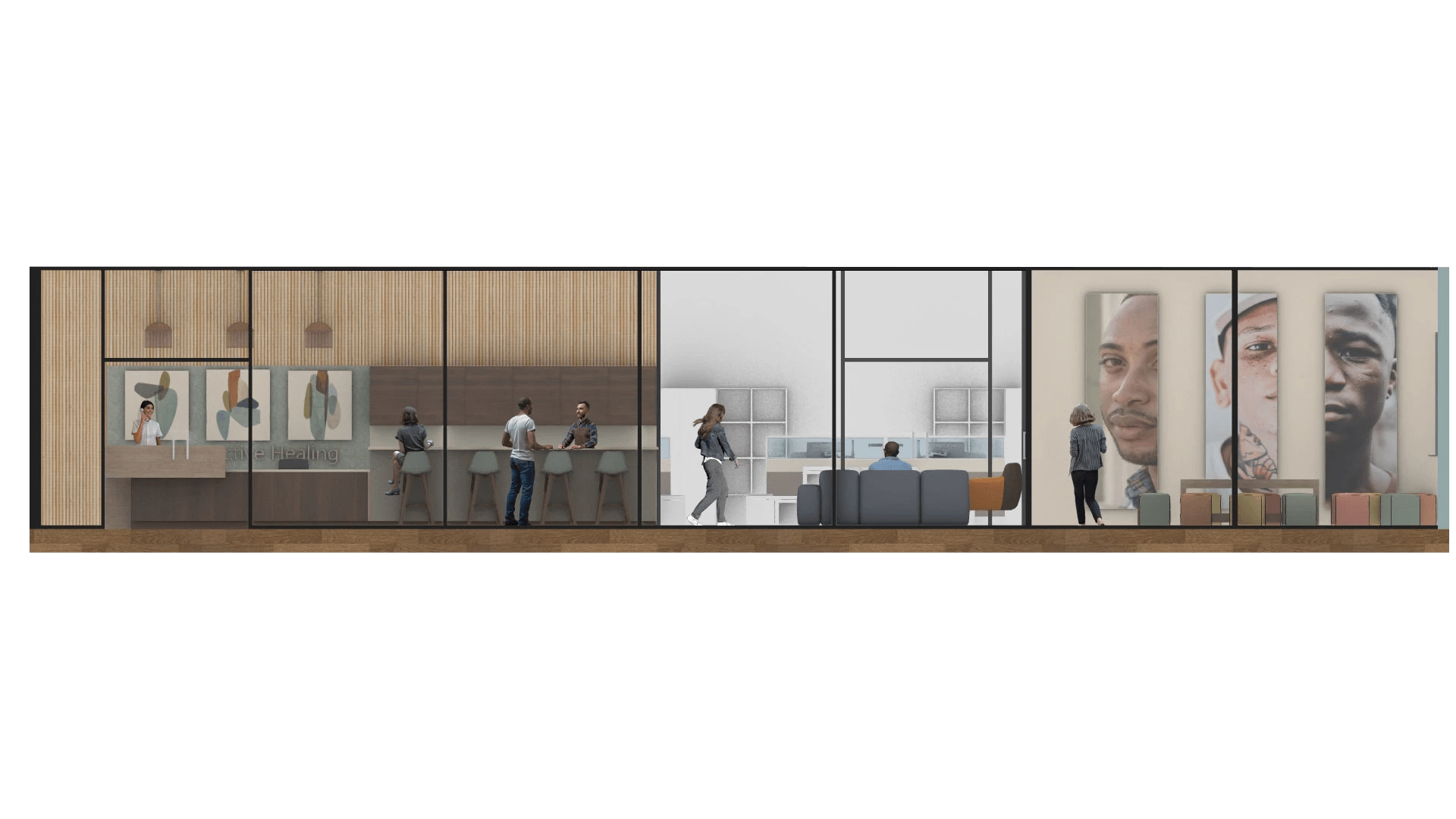 A panoramic 3D rendered image showcasing an interior divided into 3 sections